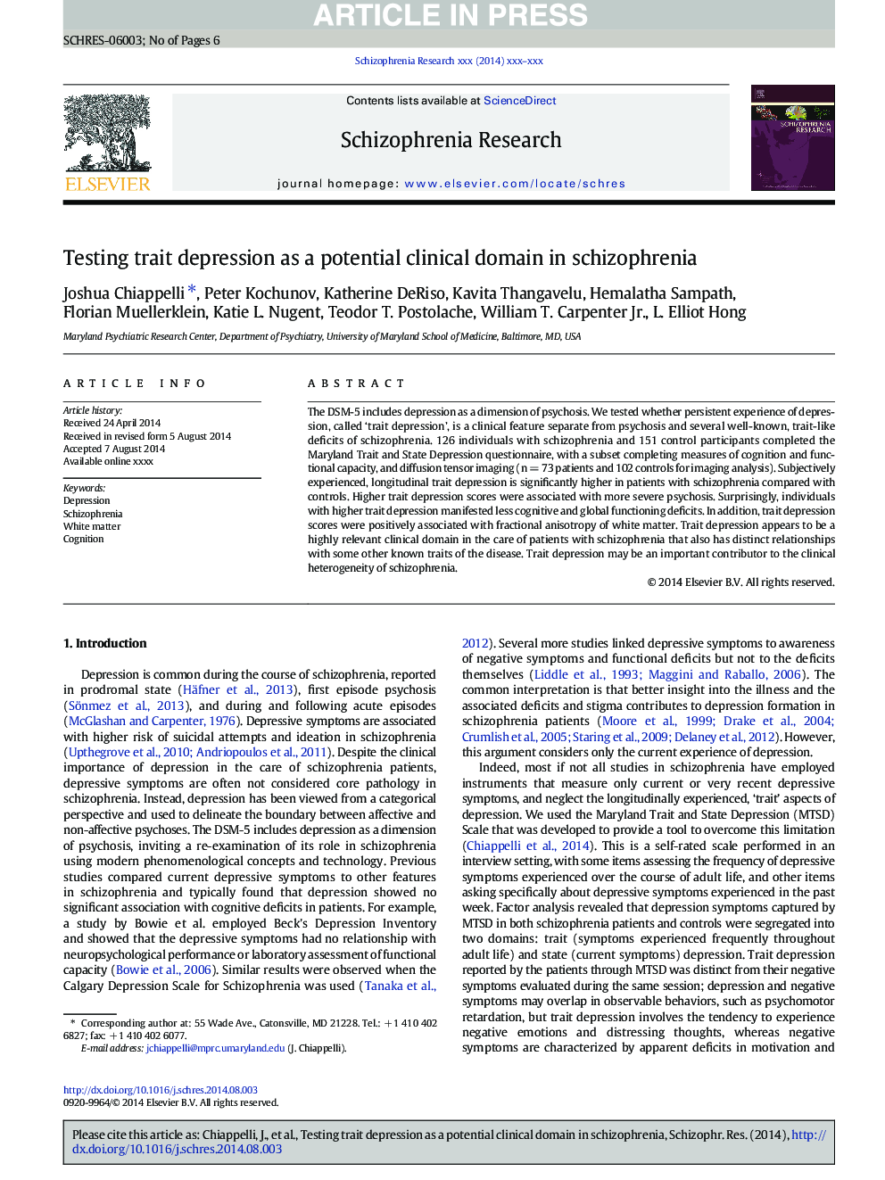 Testing trait depression as a potential clinical domain in schizophrenia