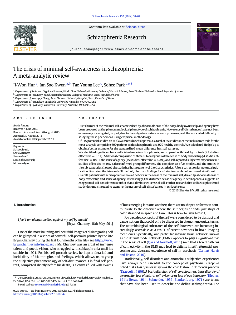 The crisis of minimal self-awareness in schizophrenia: A meta-analytic review