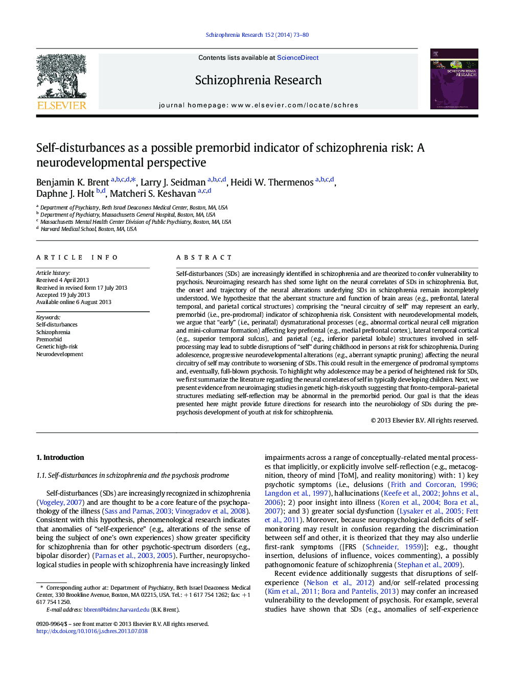 Self-disturbances as a possible premorbid indicator of schizophrenia risk: A neurodevelopmental perspective