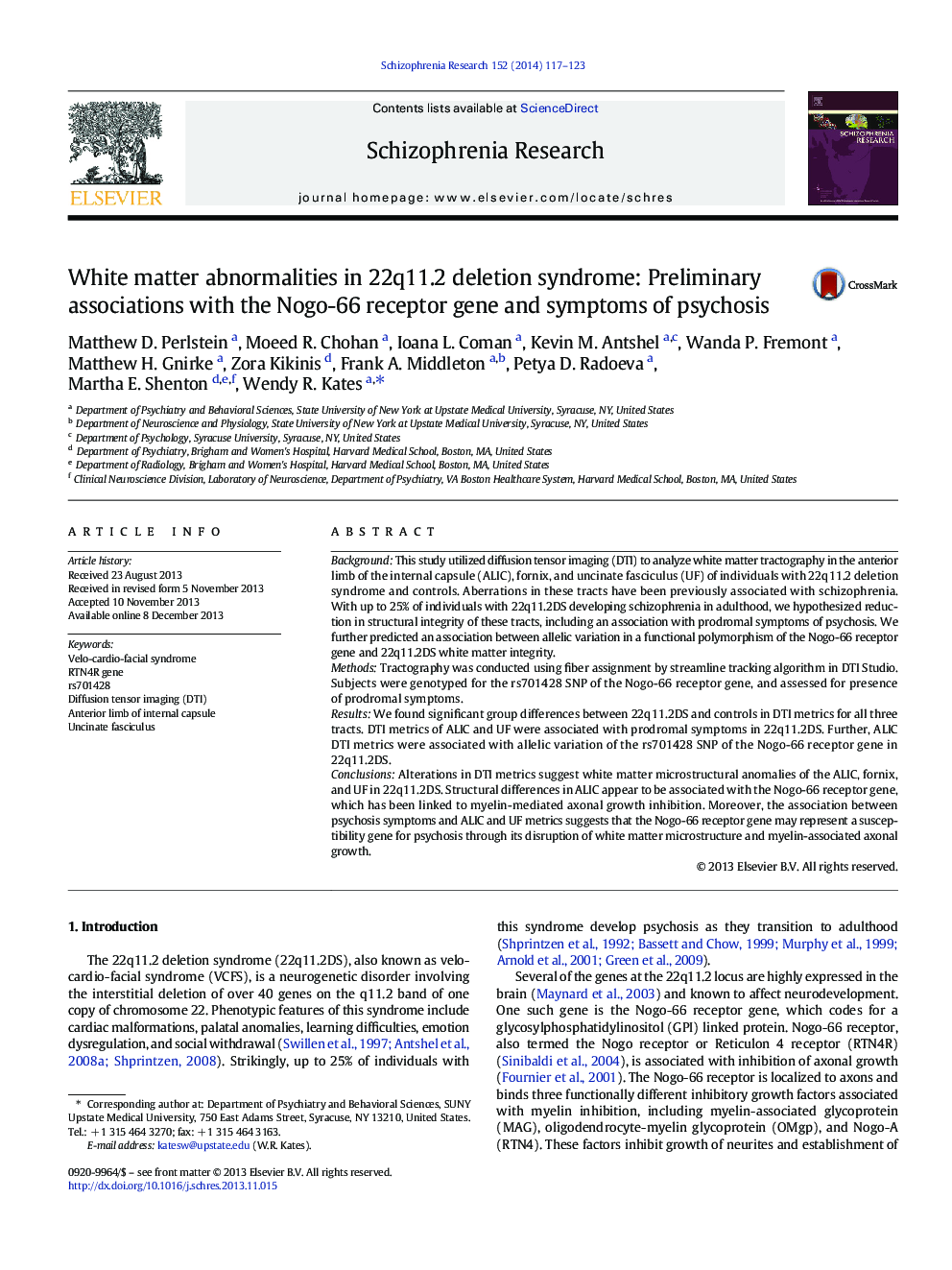 White matter abnormalities in 22q11.2 deletion syndrome: Preliminary associations with the Nogo-66 receptor gene and symptoms of psychosis