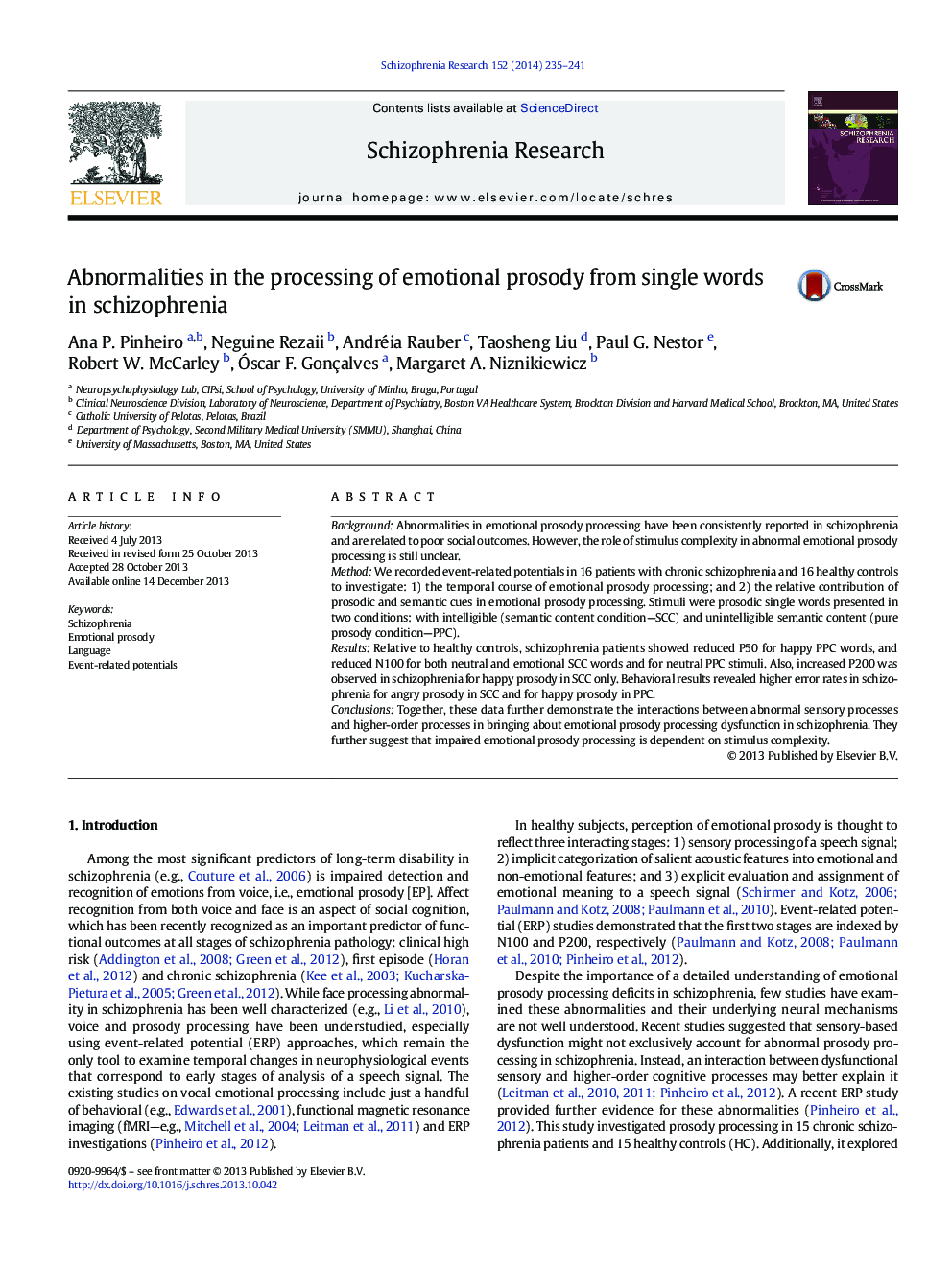 Abnormalities in the processing of emotional prosody from single words in schizophrenia