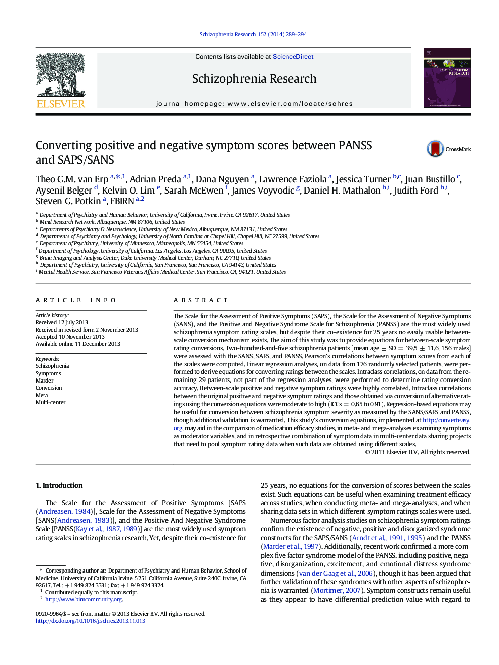 Converting positive and negative symptom scores between PANSS and SAPS/SANS