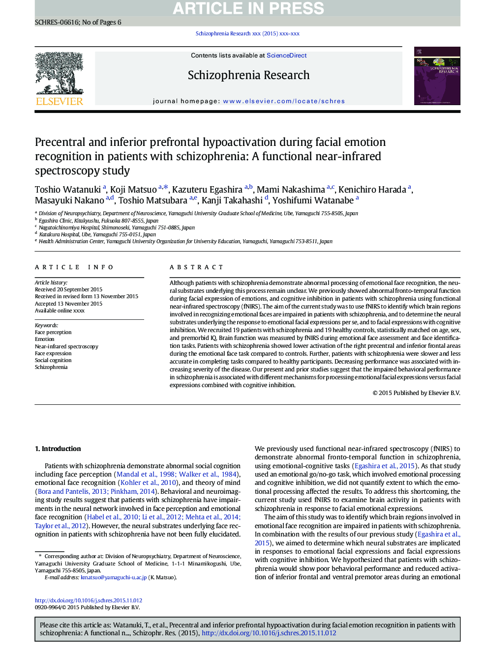 Precentral and inferior prefrontal hypoactivation during facial emotion recognition in patients with schizophrenia: A functional near-infrared spectroscopy study