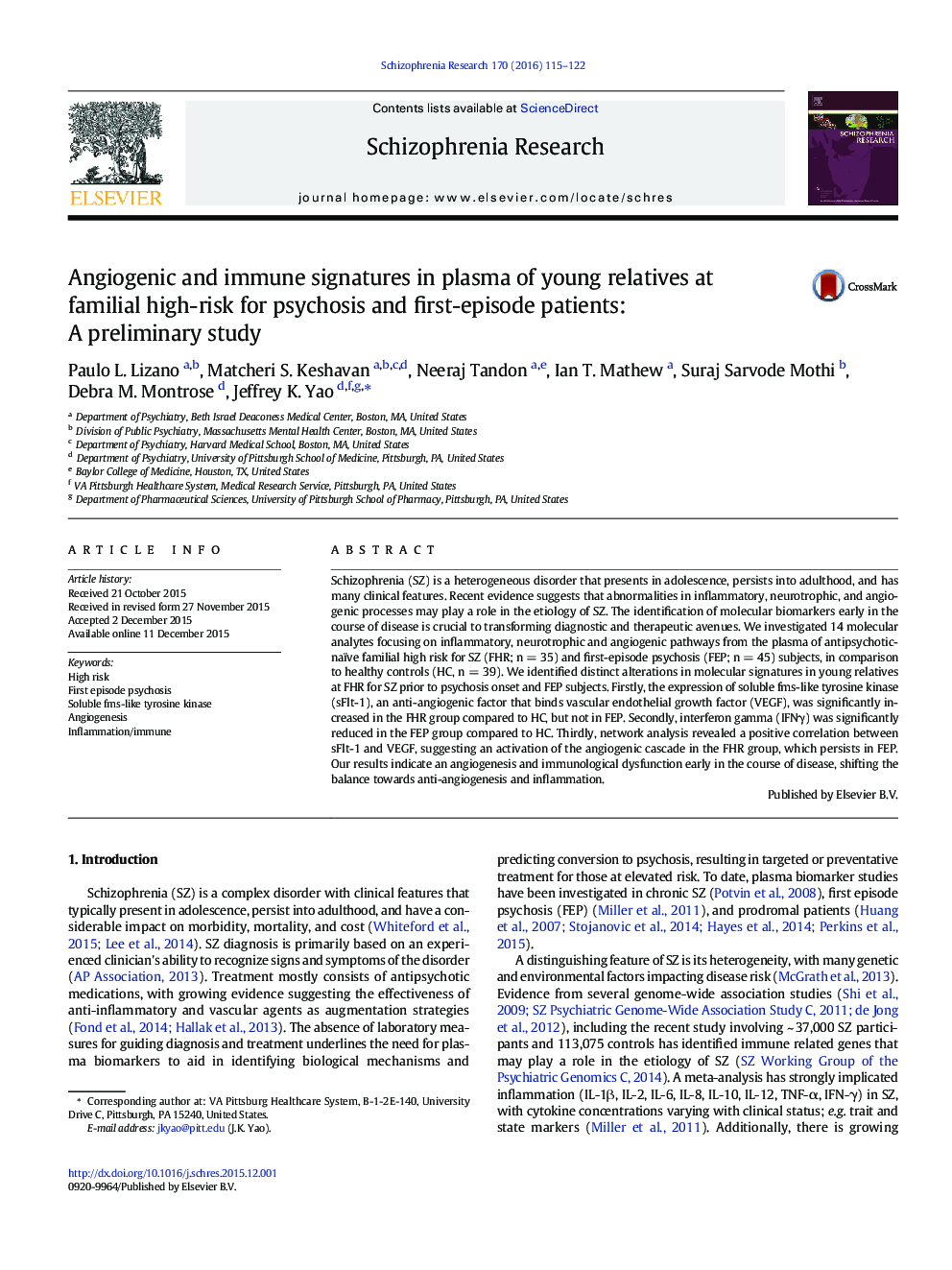 Angiogenic and immune signatures in plasma of young relatives at familial high-risk for psychosis and first-episode patients: A preliminary study