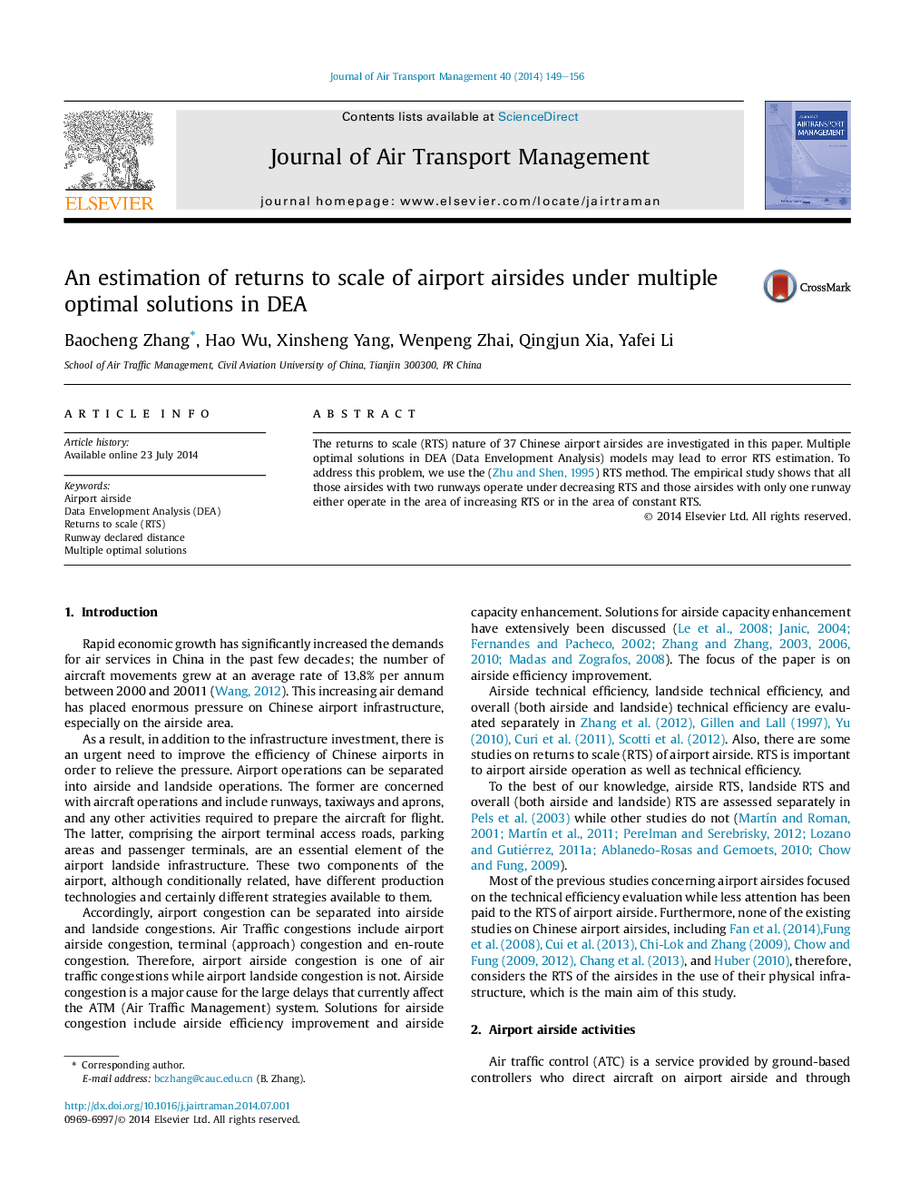 An estimation of returns to scale of airport airsides under multiple optimal solutions in DEA