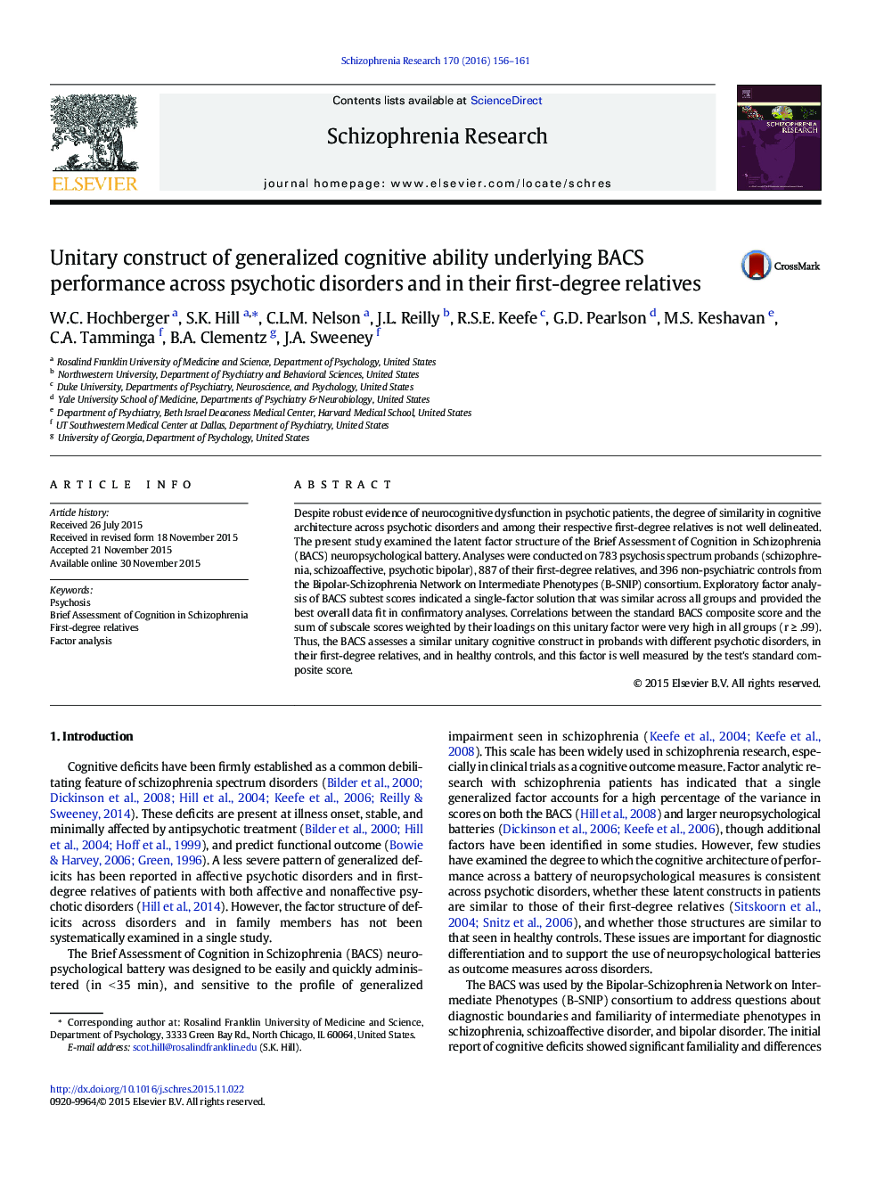 Unitary construct of generalized cognitive ability underlying BACS performance across psychotic disorders and in their first-degree relatives