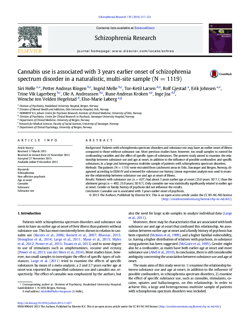 Cannabis use is associated with 3Â years earlier onset of schizophrenia spectrum disorder in a naturalistic, multi-site sample (NÂ =Â 1119)