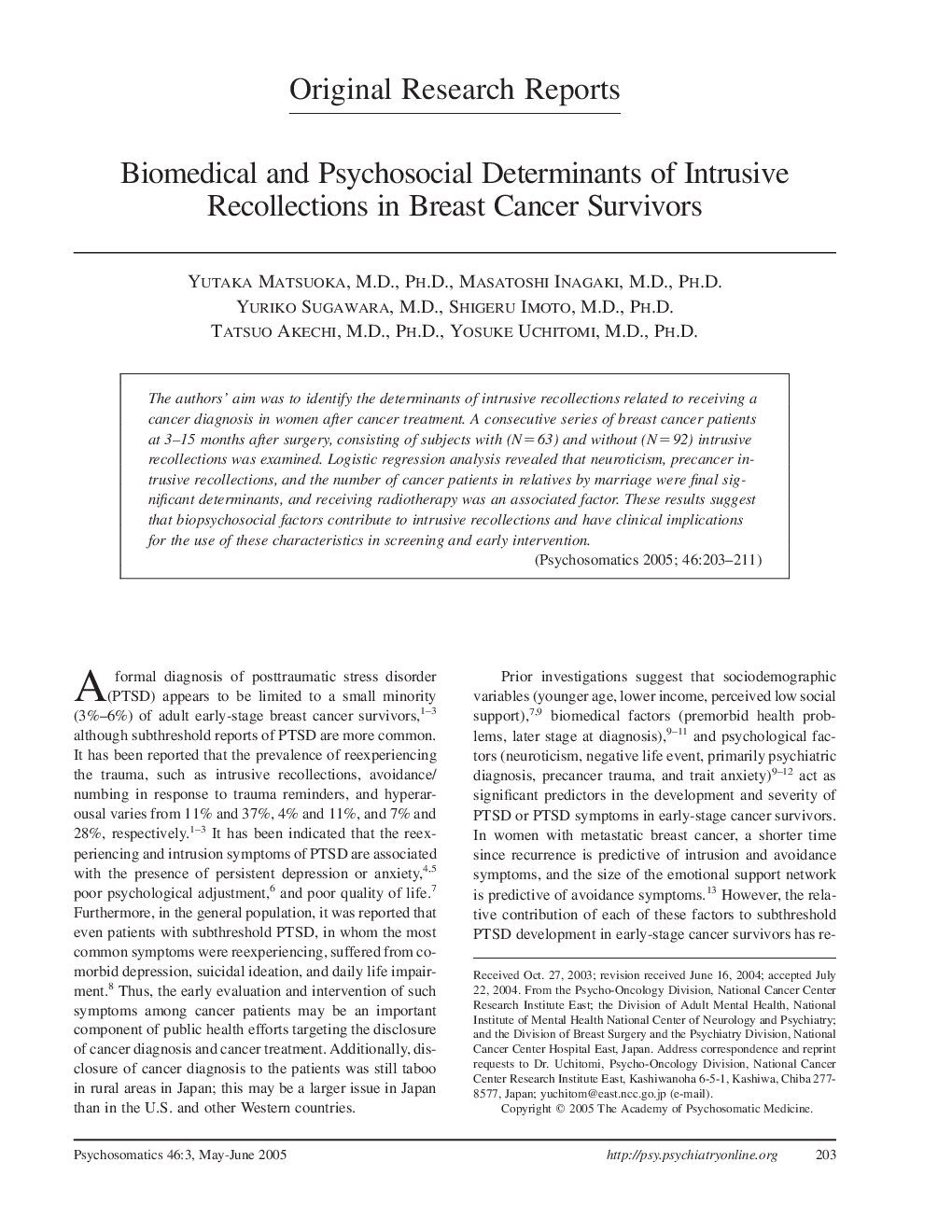 Biomedical and Psychosocial Determinants of Intrusive Recollections in Breast Cancer Survivors