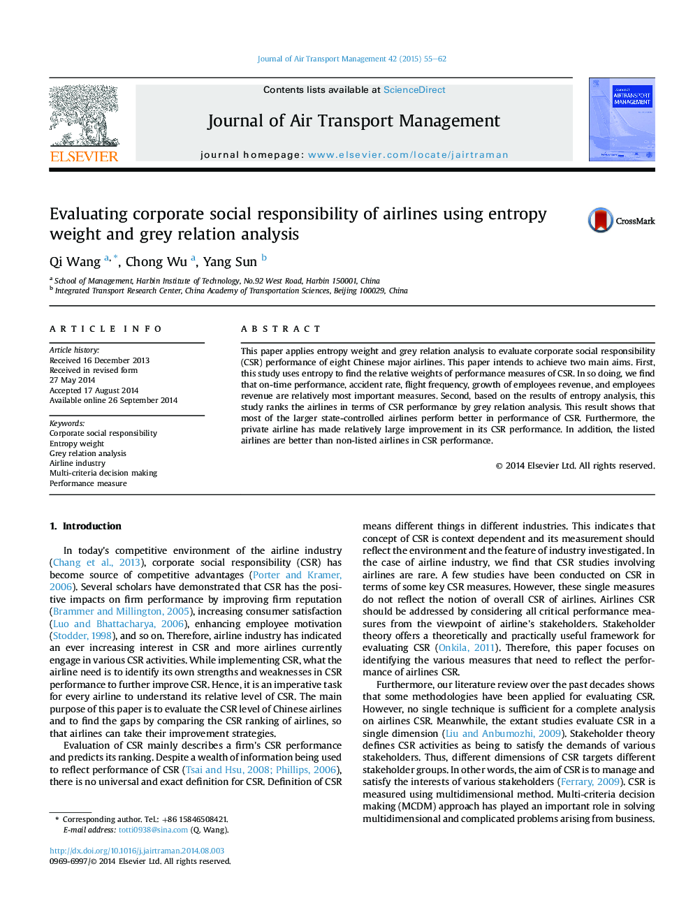 Evaluating corporate social responsibility of airlines using entropy weight and grey relation analysis
