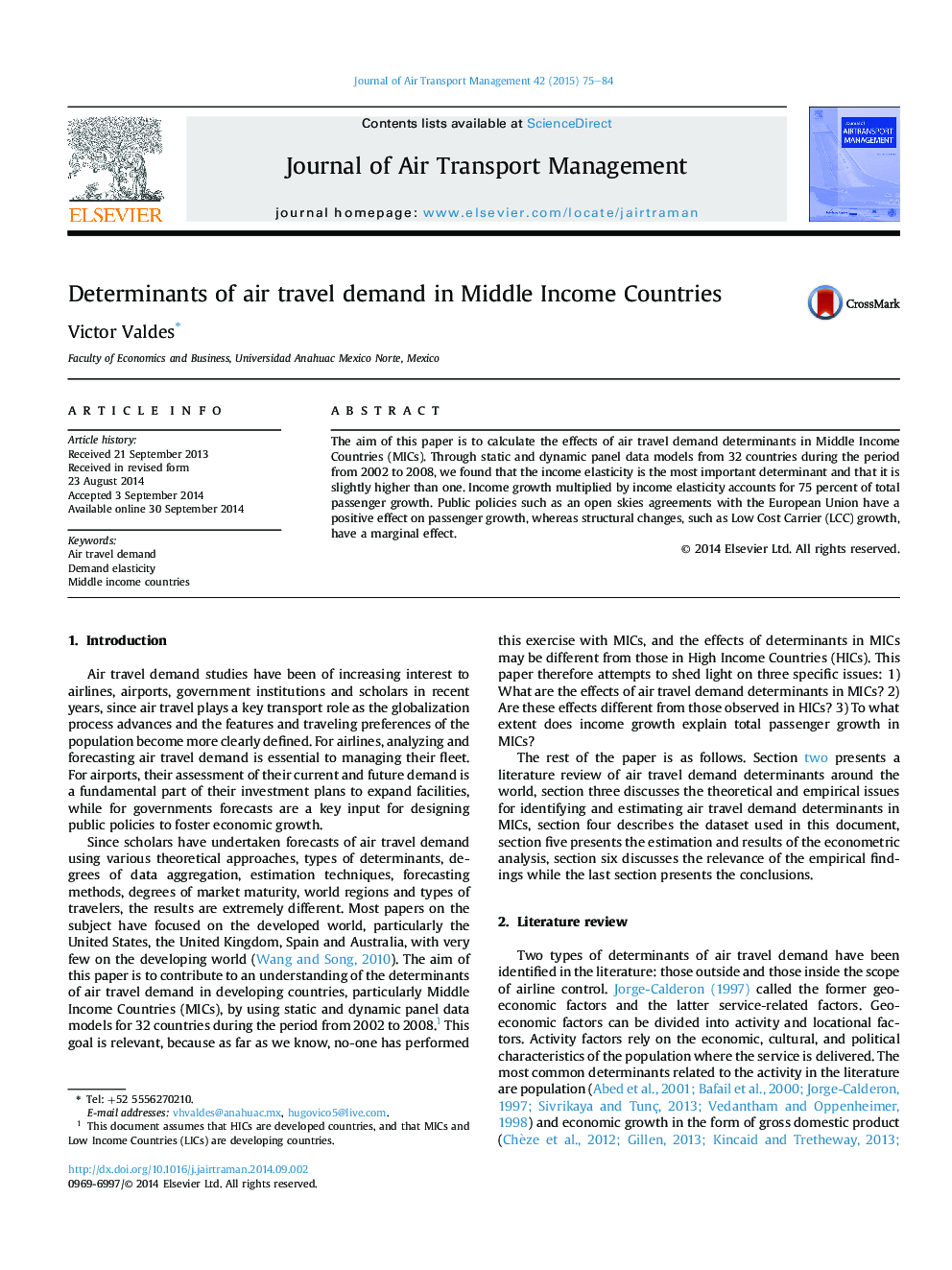 Determinants of air travel demand in Middle Income Countries