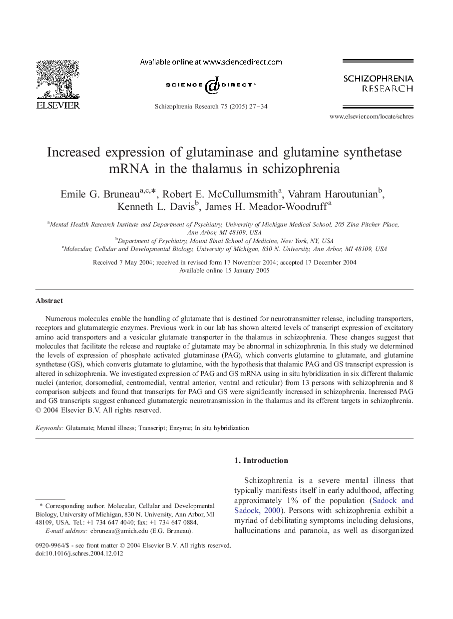 Increased expression of glutaminase and glutamine synthetase mRNA in the thalamus in schizophrenia