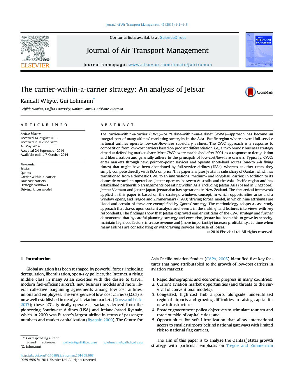 The carrier-within-a-carrier strategy: An analysis of Jetstar