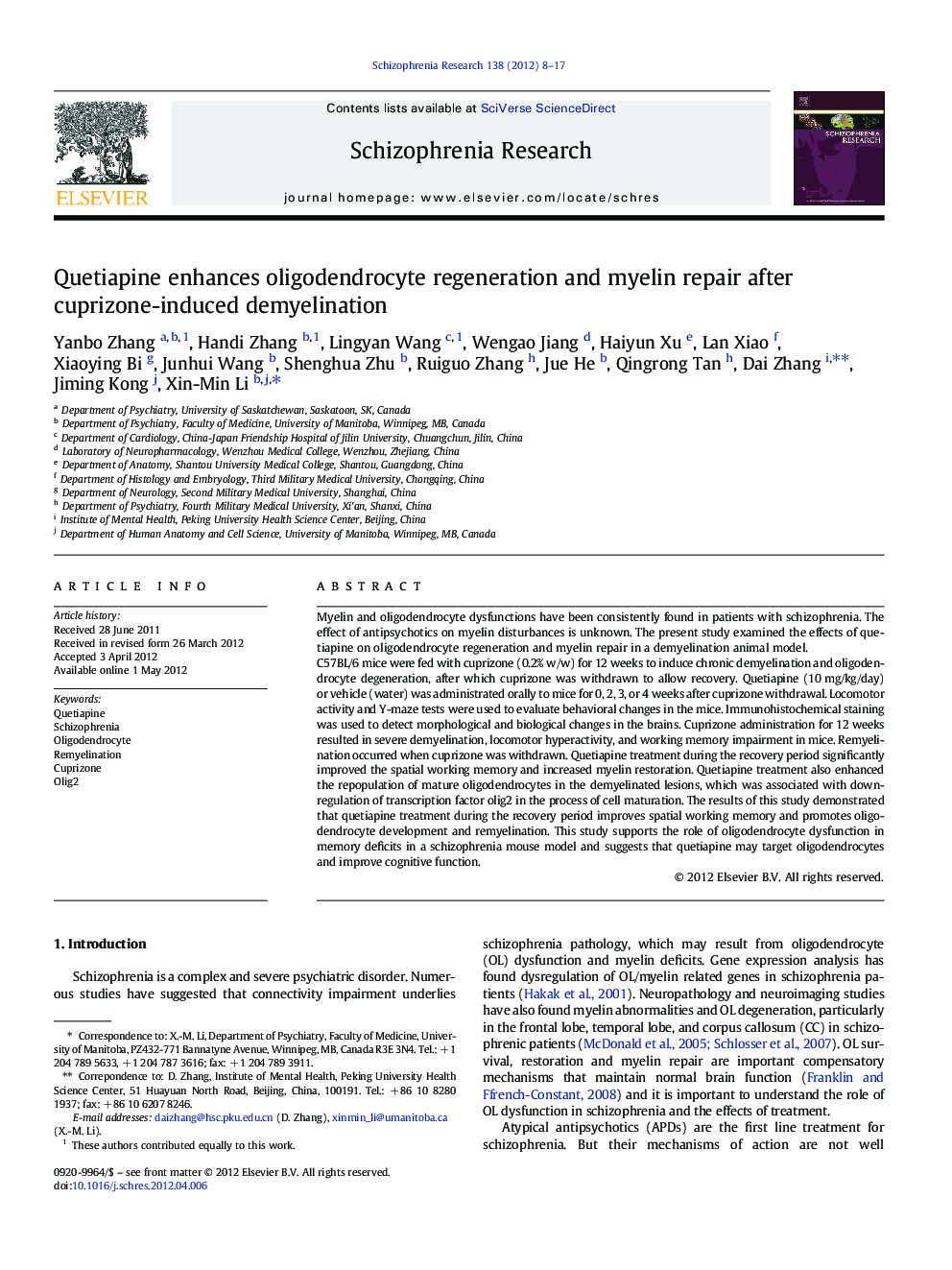 Quetiapine enhances oligodendrocyte regeneration and myelin repair after cuprizone-induced demyelination