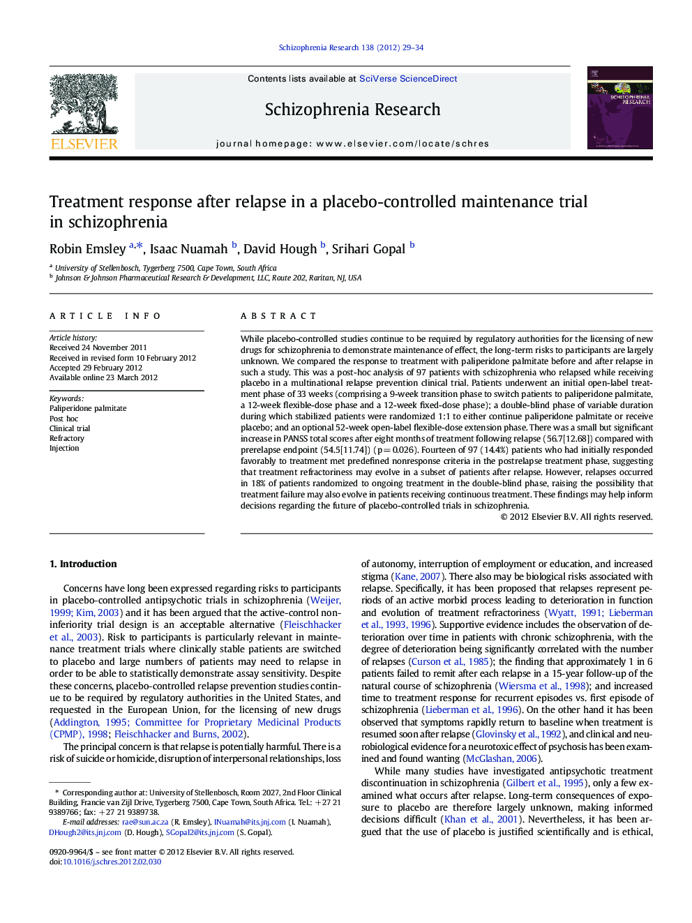 Treatment response after relapse in a placebo-controlled maintenance trial in schizophrenia