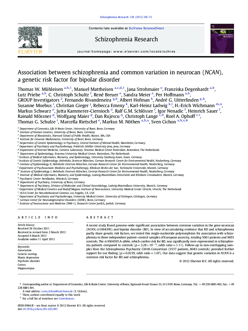 Association between schizophrenia and common variation in neurocan (NCAN), a genetic risk factor for bipolar disorder