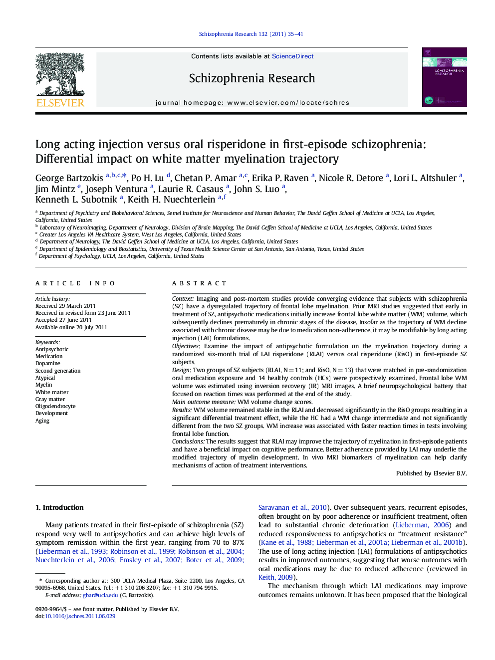 Long acting injection versus oral risperidone in first-episode schizophrenia: Differential impact on white matter myelination trajectory