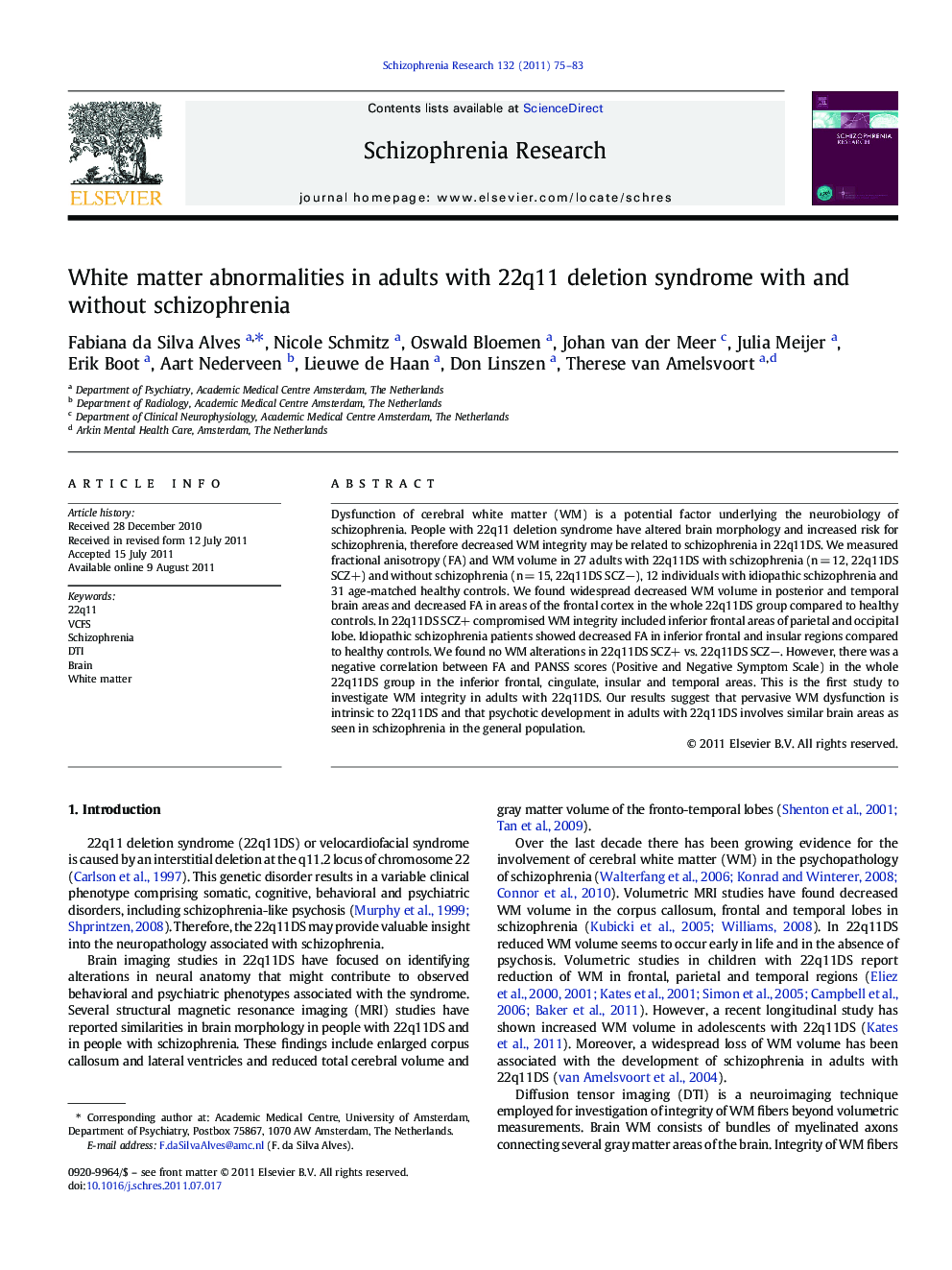 عکس صفحه اول مقاله: White matter abnormalities in adults with 22q11 deletion syndrome with and without schizophrenia White matter abnormalities in adults with 22q11 deletion syndrome with and without schizophrenia