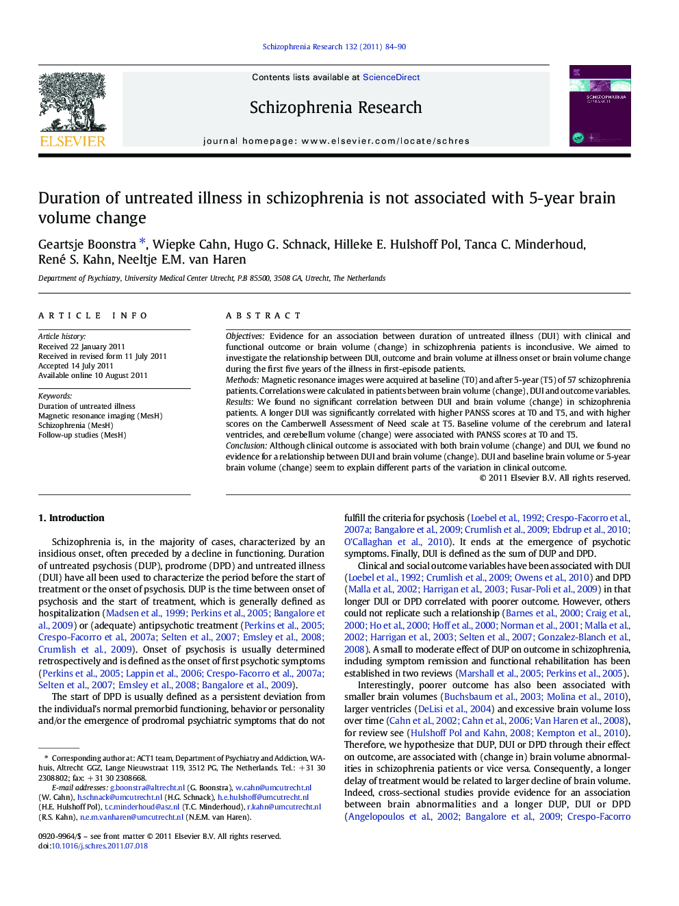 عکس صفحه اول مقاله: Duration of untreated illness in schizophrenia is not associated with 5-year brain volume change Duration of untreated illness in schizophrenia is not associated with 5-year brain volume change