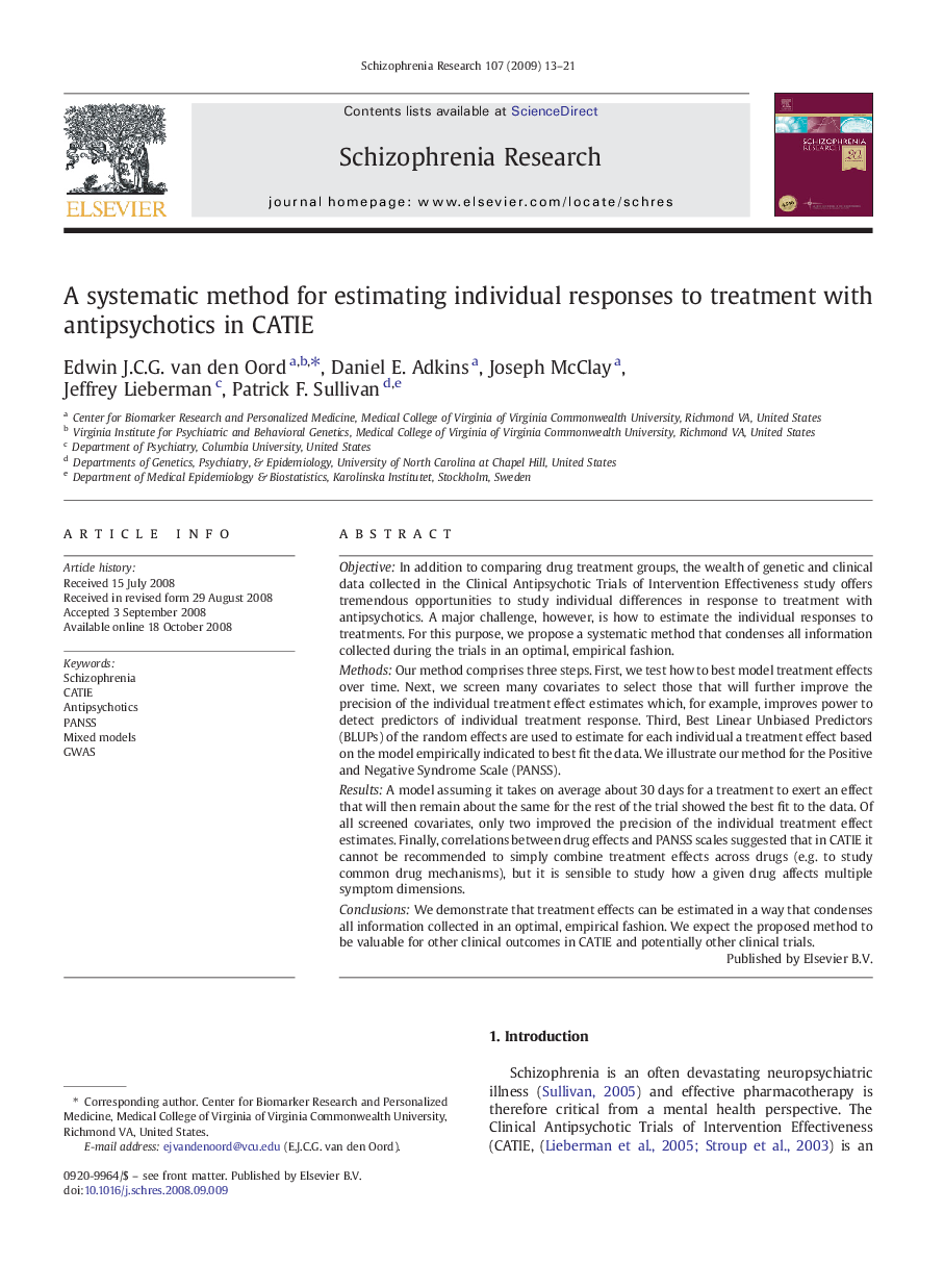 A systematic method for estimating individual responses to treatment with antipsychotics in CATIE