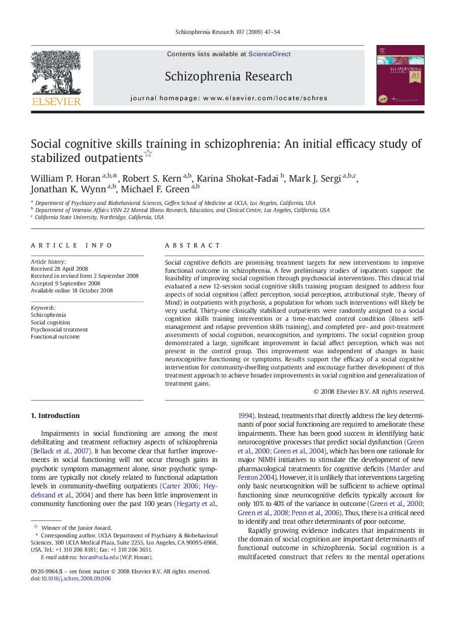 Social cognitive skills training in schizophrenia: An initial efficacy study of stabilized outpatients