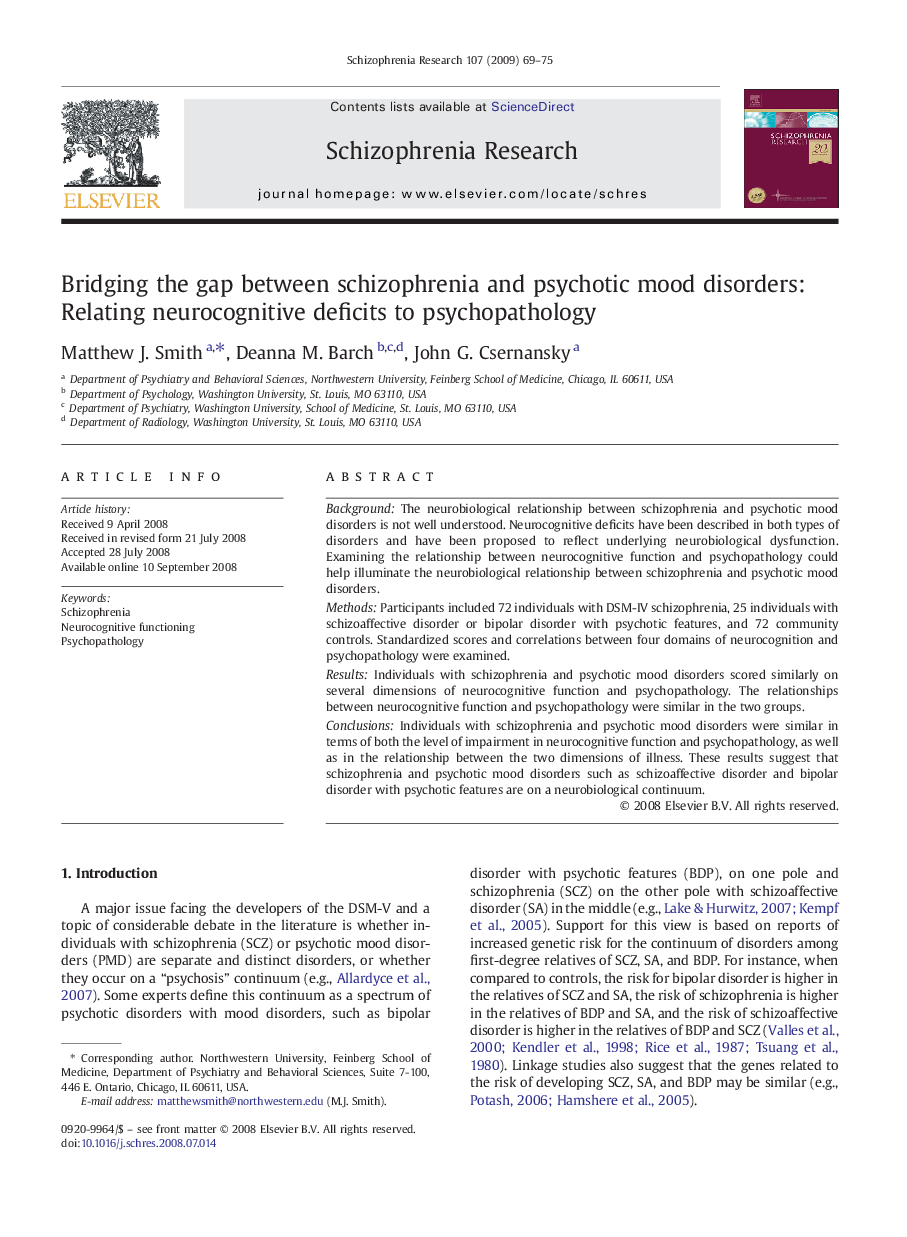 Bridging the gap between schizophrenia and psychotic mood disorders: Relating neurocognitive deficits to psychopathology