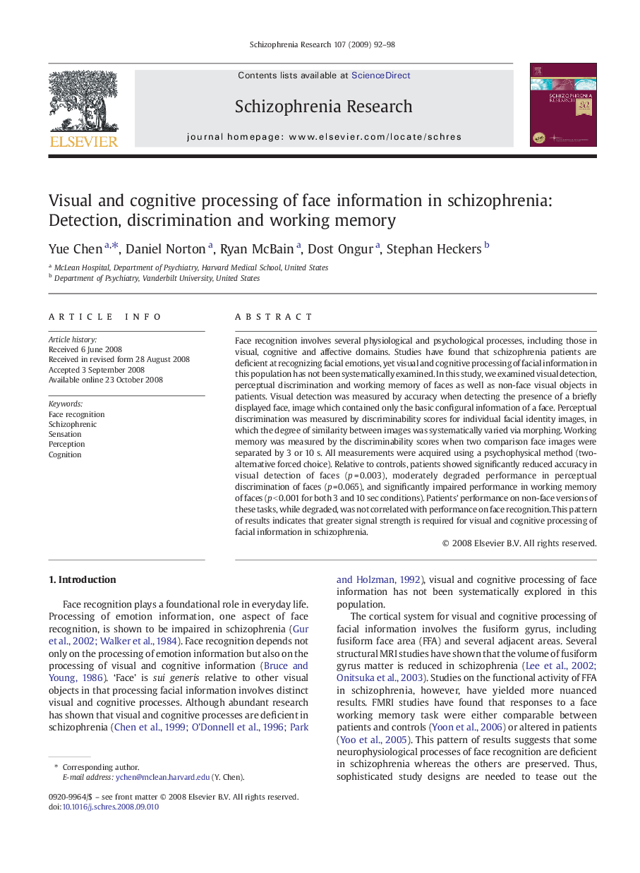 Visual and cognitive processing of face information in schizophrenia: Detection, discrimination and working memory