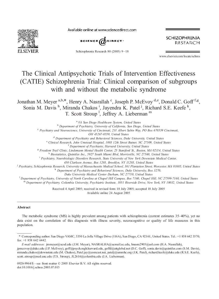 The Clinical Antipsychotic Trials of Intervention Effectiveness (CATIE) Schizophrenia Trial: Clinical comparison of subgroups with and without the metabolic syndrome