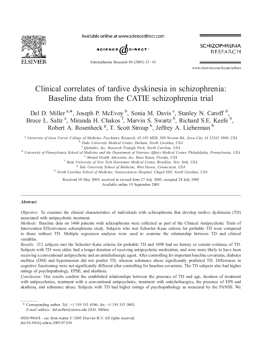 Clinical correlates of tardive dyskinesia in schizophrenia: Baseline data from the CATIE schizophrenia trial