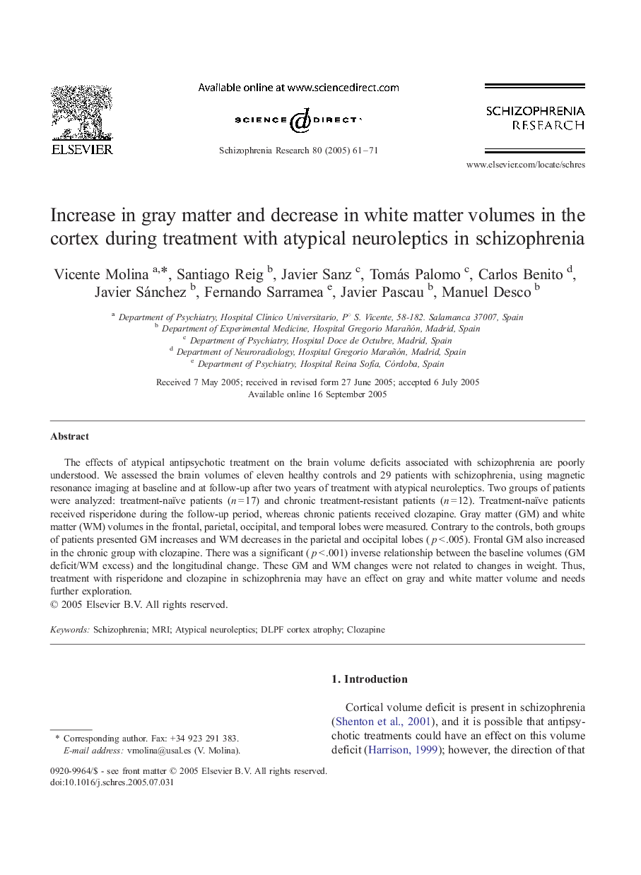 Increase in gray matter and decrease in white matter volumes in the cortex during treatment with atypical neuroleptics in schizophrenia