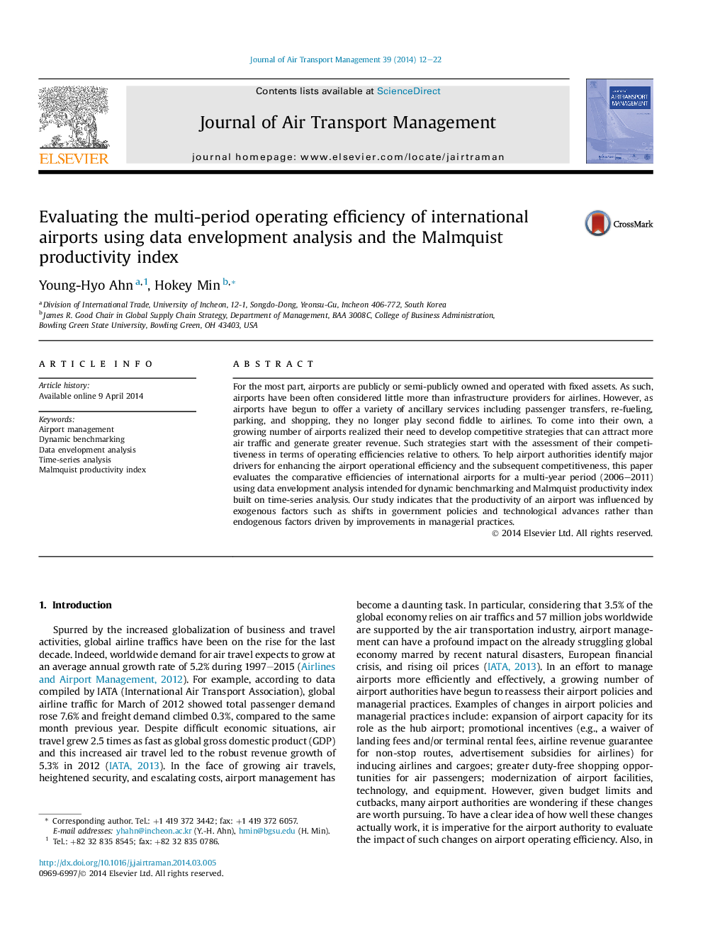 Evaluating the multi-period operating efficiency of international airports using data envelopment analysis and the Malmquist productivity index