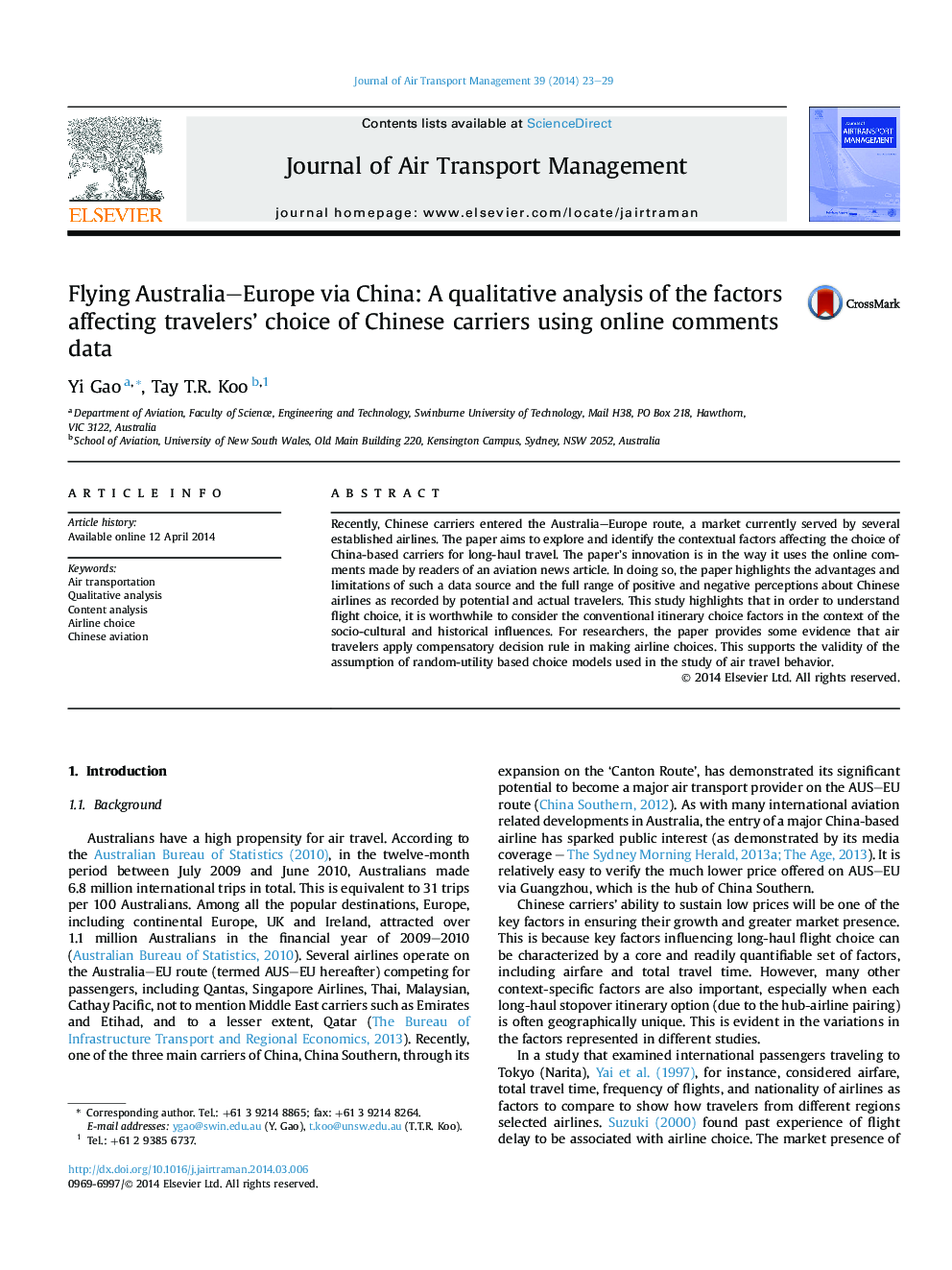 Flying Australia–Europe via China: A qualitative analysis of the factors affecting travelers' choice of Chinese carriers using online comments data