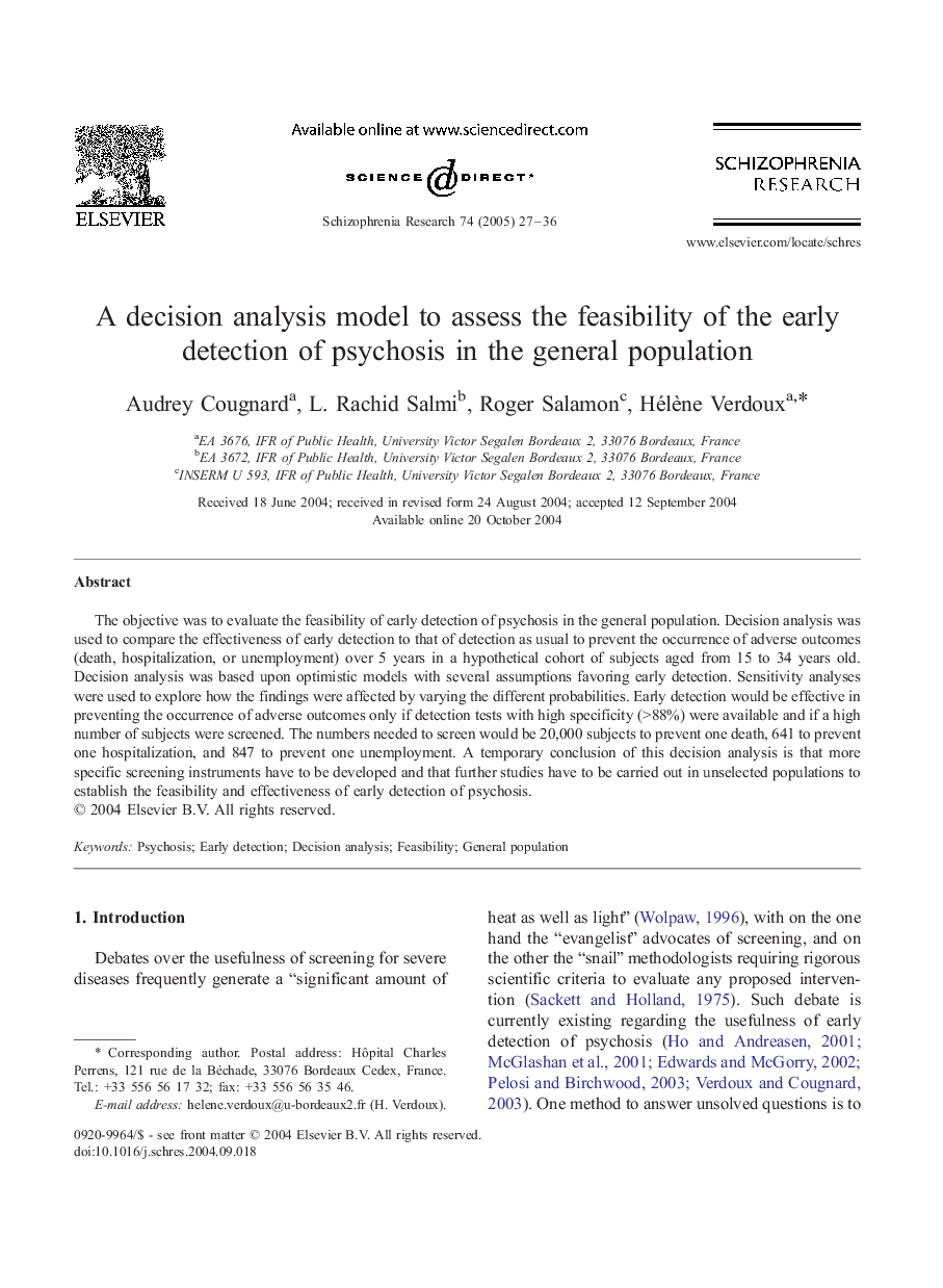 A decision analysis model to assess the feasibility of the early detection of psychosis in the general population