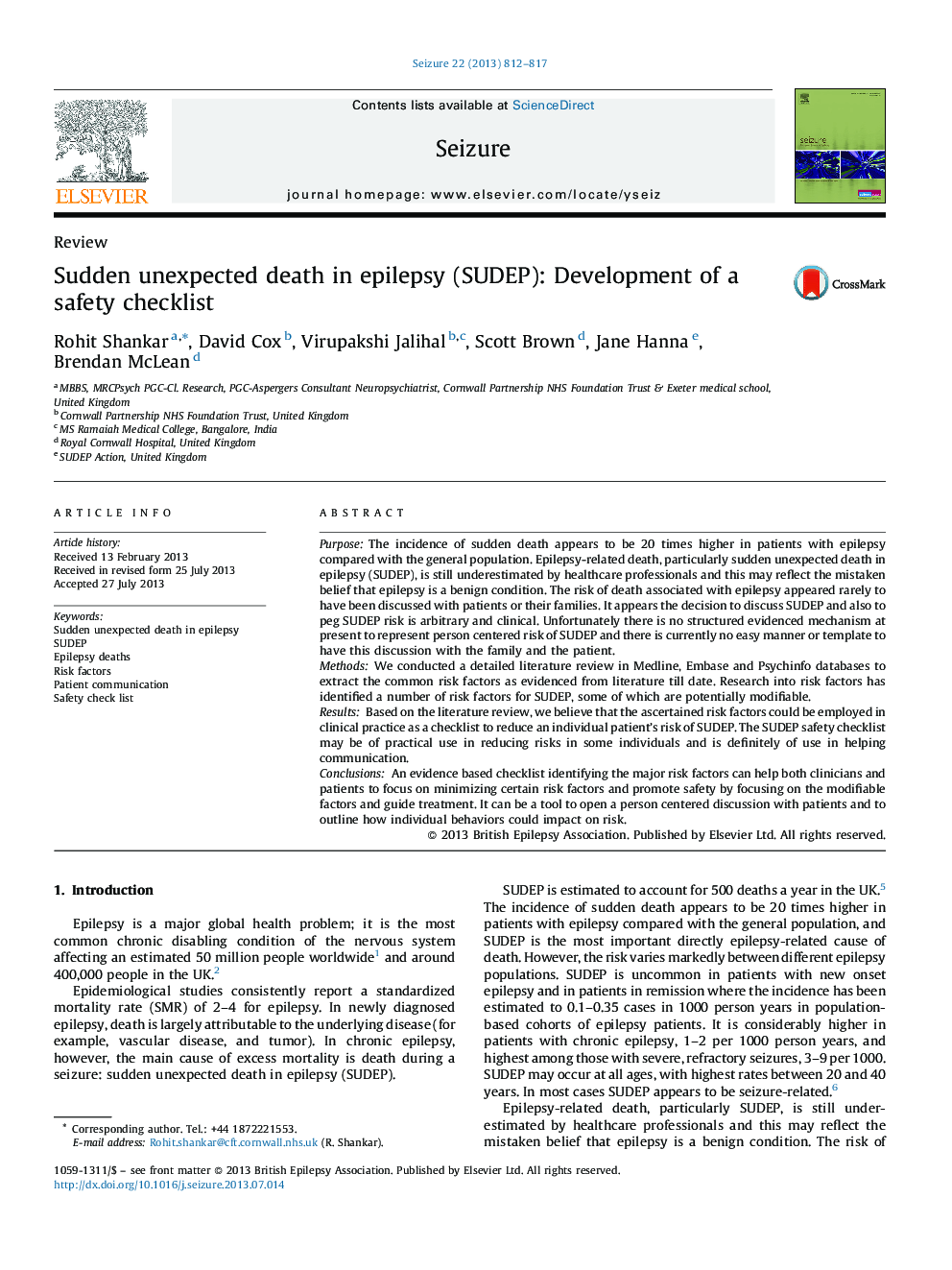 Sudden unexpected death in epilepsy (SUDEP): Development of a safety checklist