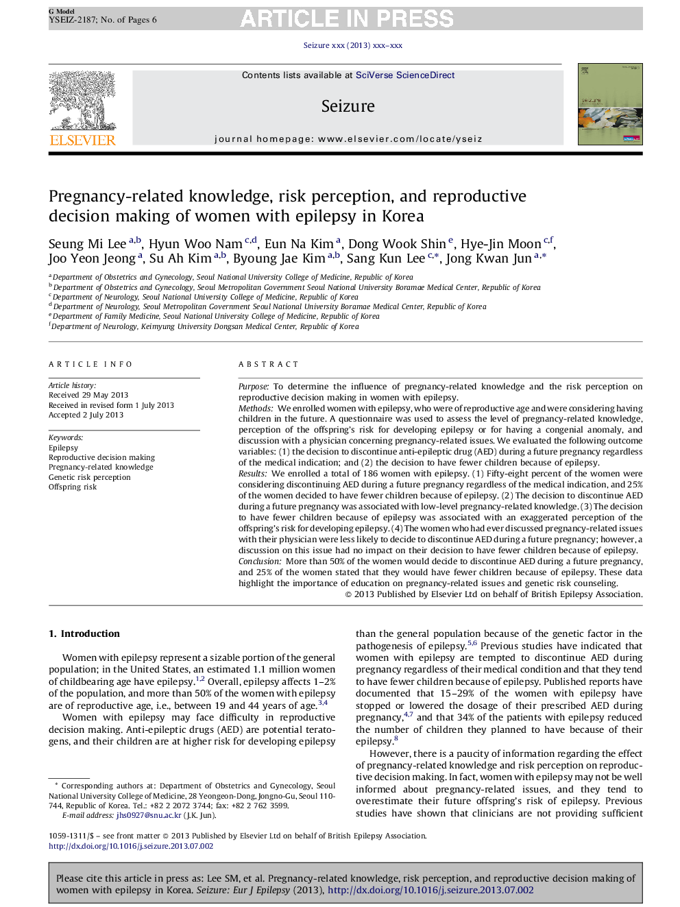 Pregnancy-related knowledge, risk perception, and reproductive decision making of women with epilepsy in Korea