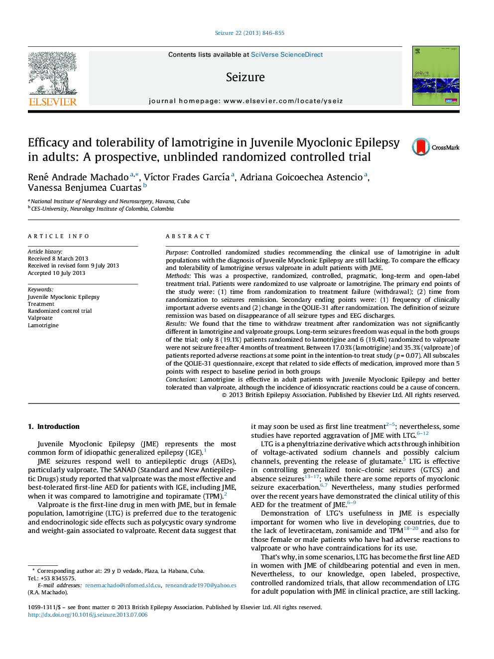 Efficacy and tolerability of lamotrigine in Juvenile Myoclonic Epilepsy in adults: A prospective, unblinded randomized controlled trial