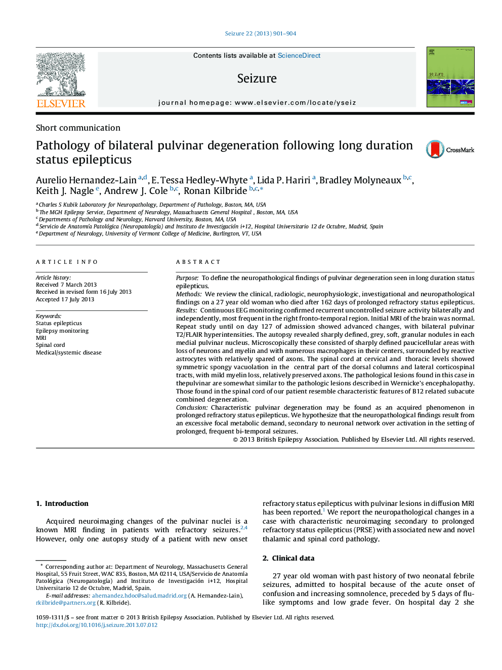 Pathology of bilateral pulvinar degeneration following long duration status epilepticus