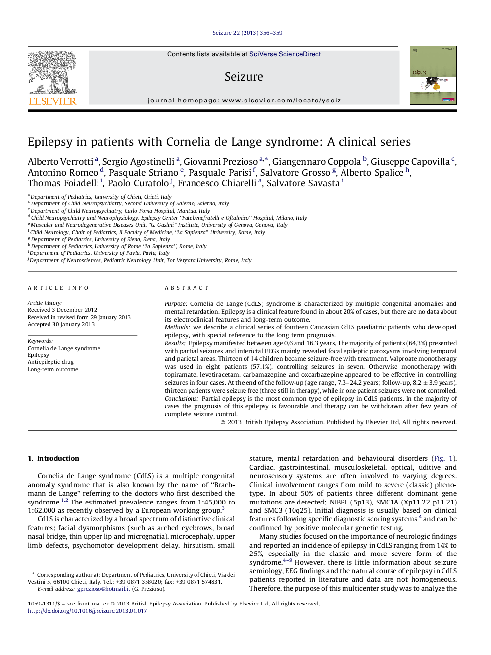 Epilepsy in patients with Cornelia de Lange syndrome: A clinical series