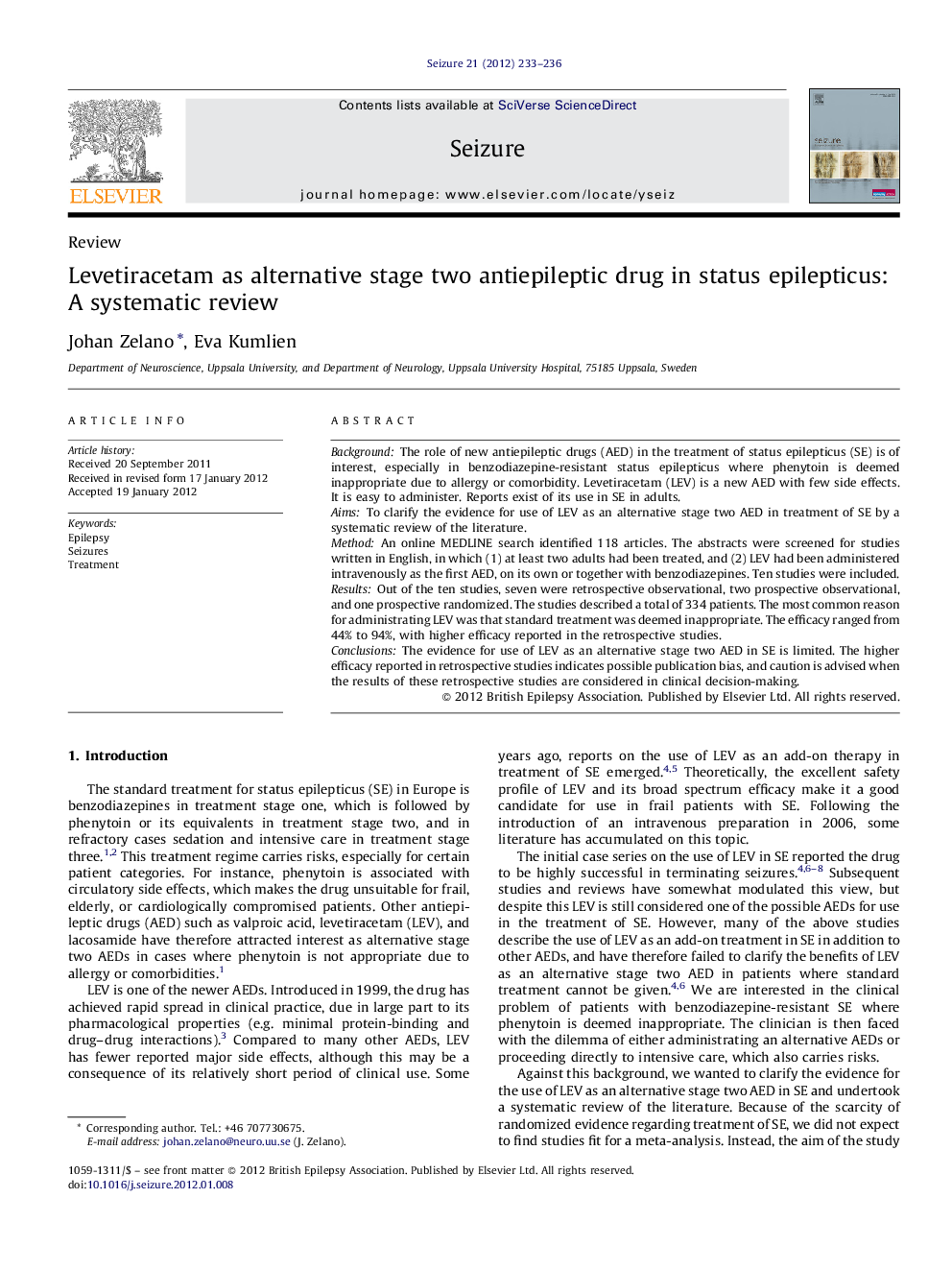 Levetiracetam as alternative stage two antiepileptic drug in status epilepticus: A systematic review