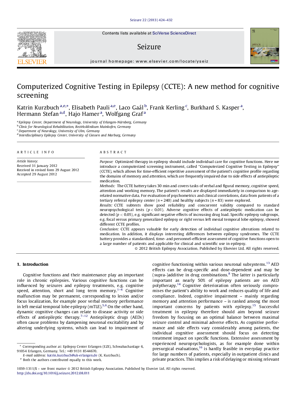 Computerized Cognitive Testing in Epilepsy (CCTE): A new method for cognitive screening