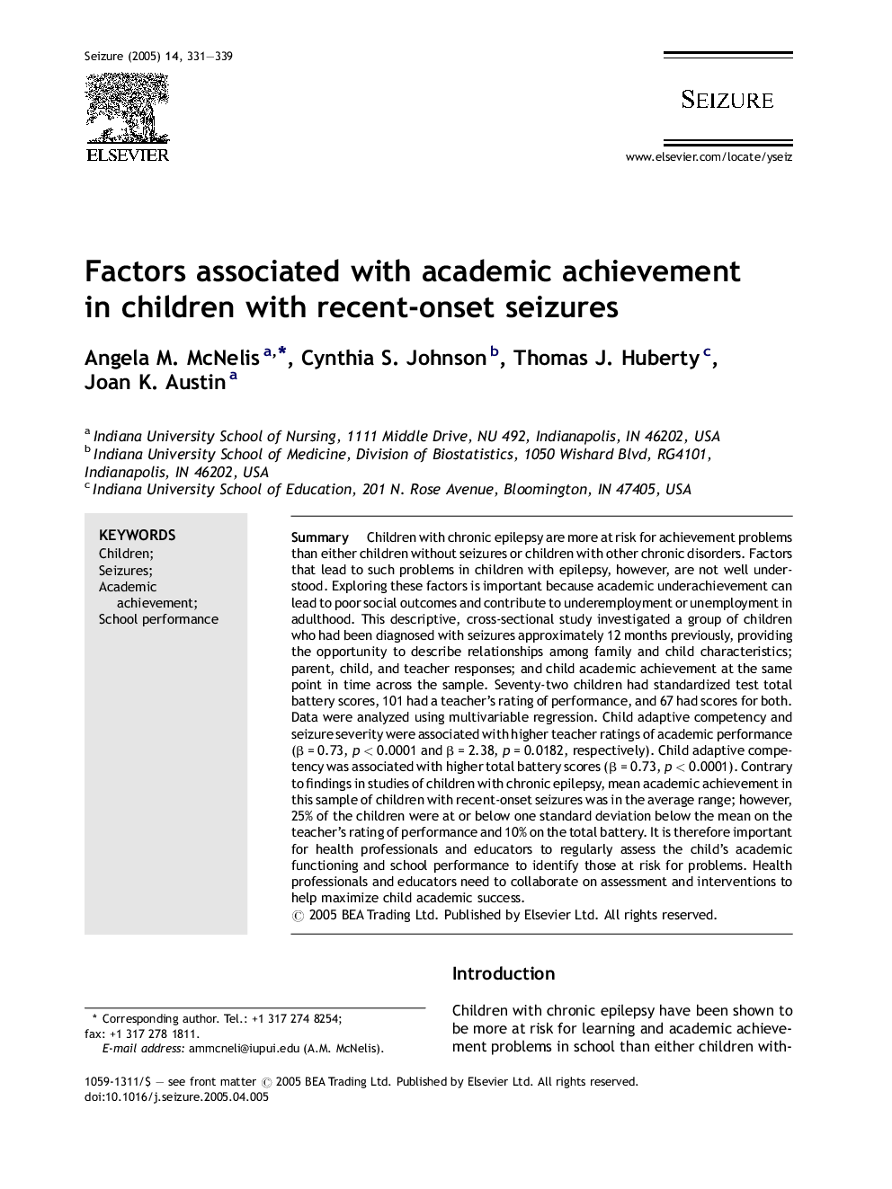 Factors associated with academic achievement in children with recent-onset seizures