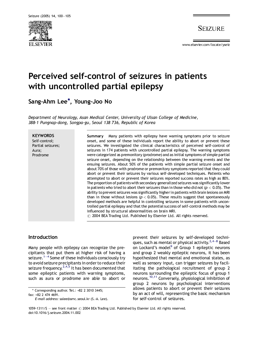 Perceived self-control of seizures in patients with uncontrolled partial epilepsy