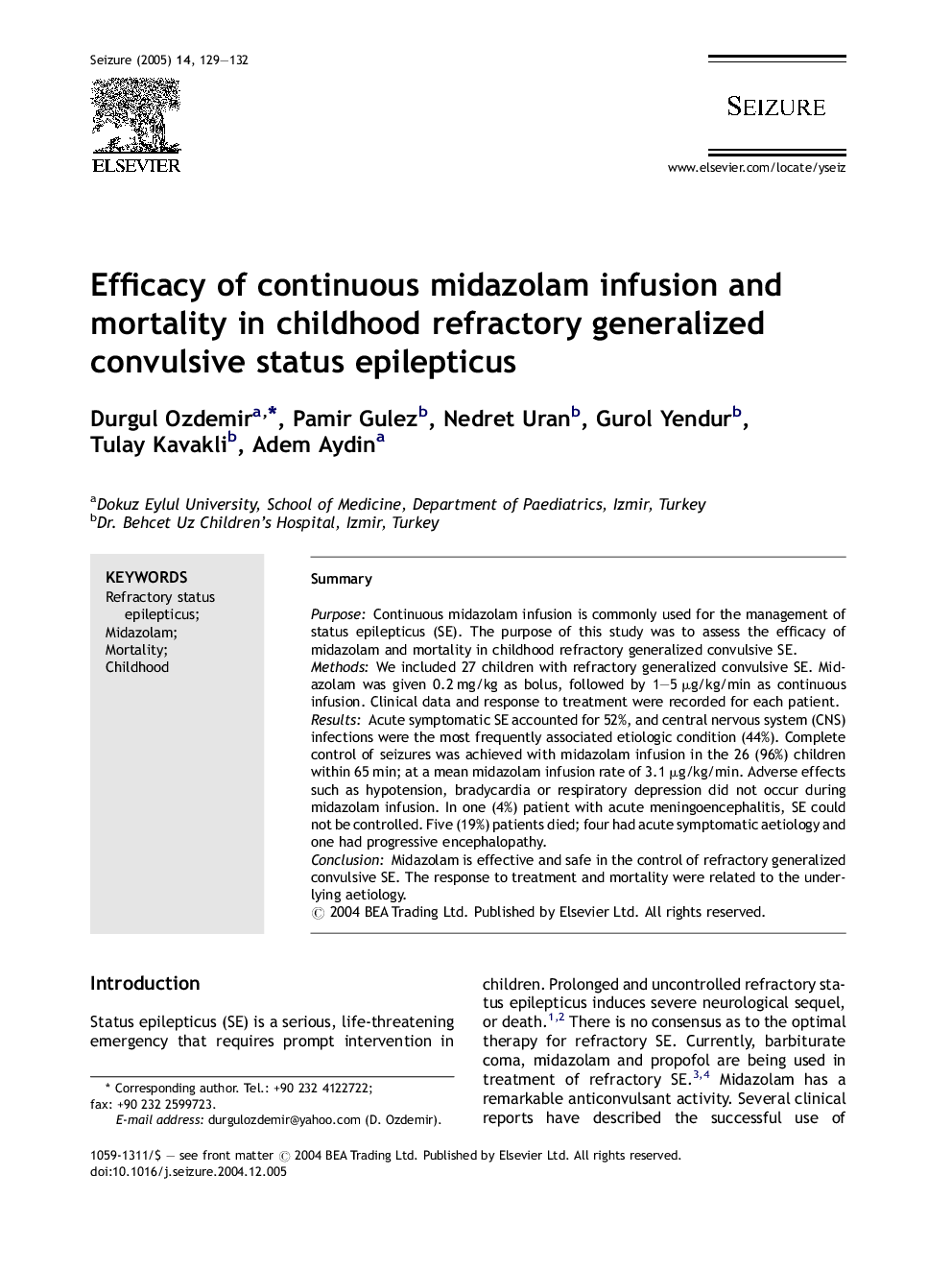 Efficacy of continuous midazolam infusion and mortality in childhood refractory generalized convulsive status epilepticus