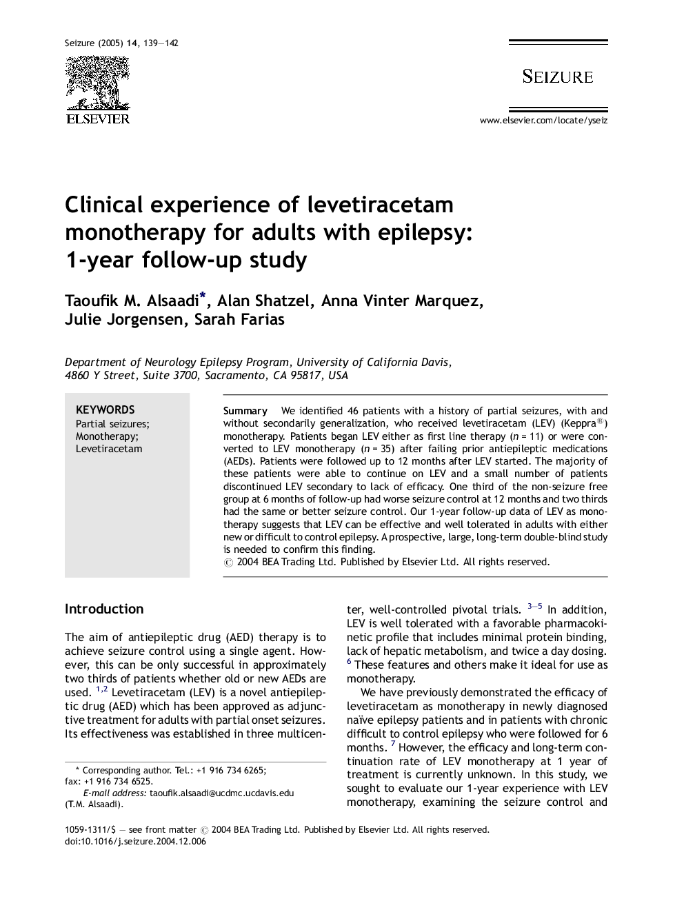 Clinical experience of levetiracetam monotherapy for adults with epilepsy: 1-year follow-up study