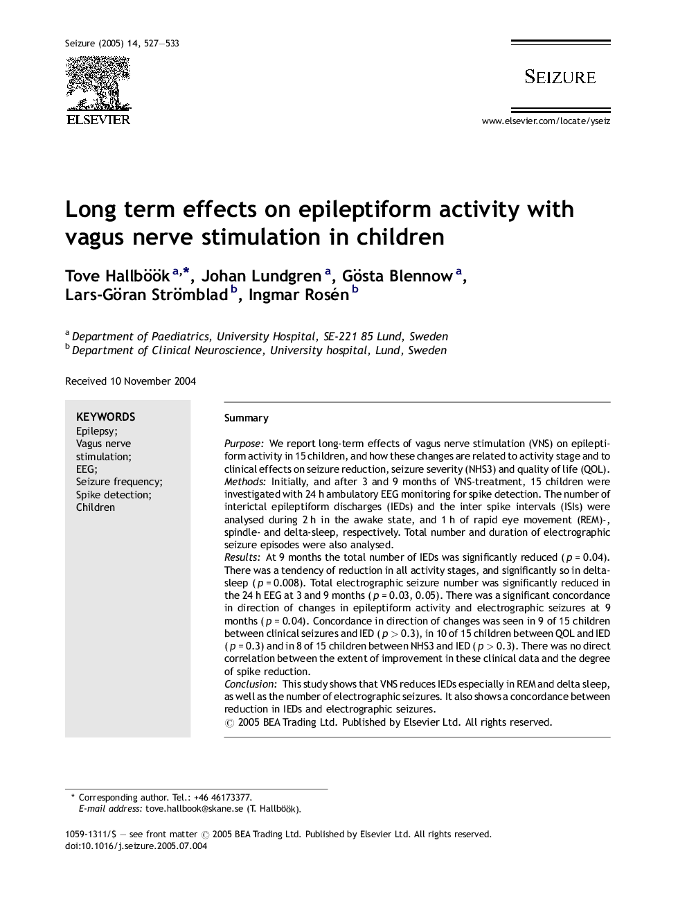 Long term effects on epileptiform activity with vagus nerve stimulation in children