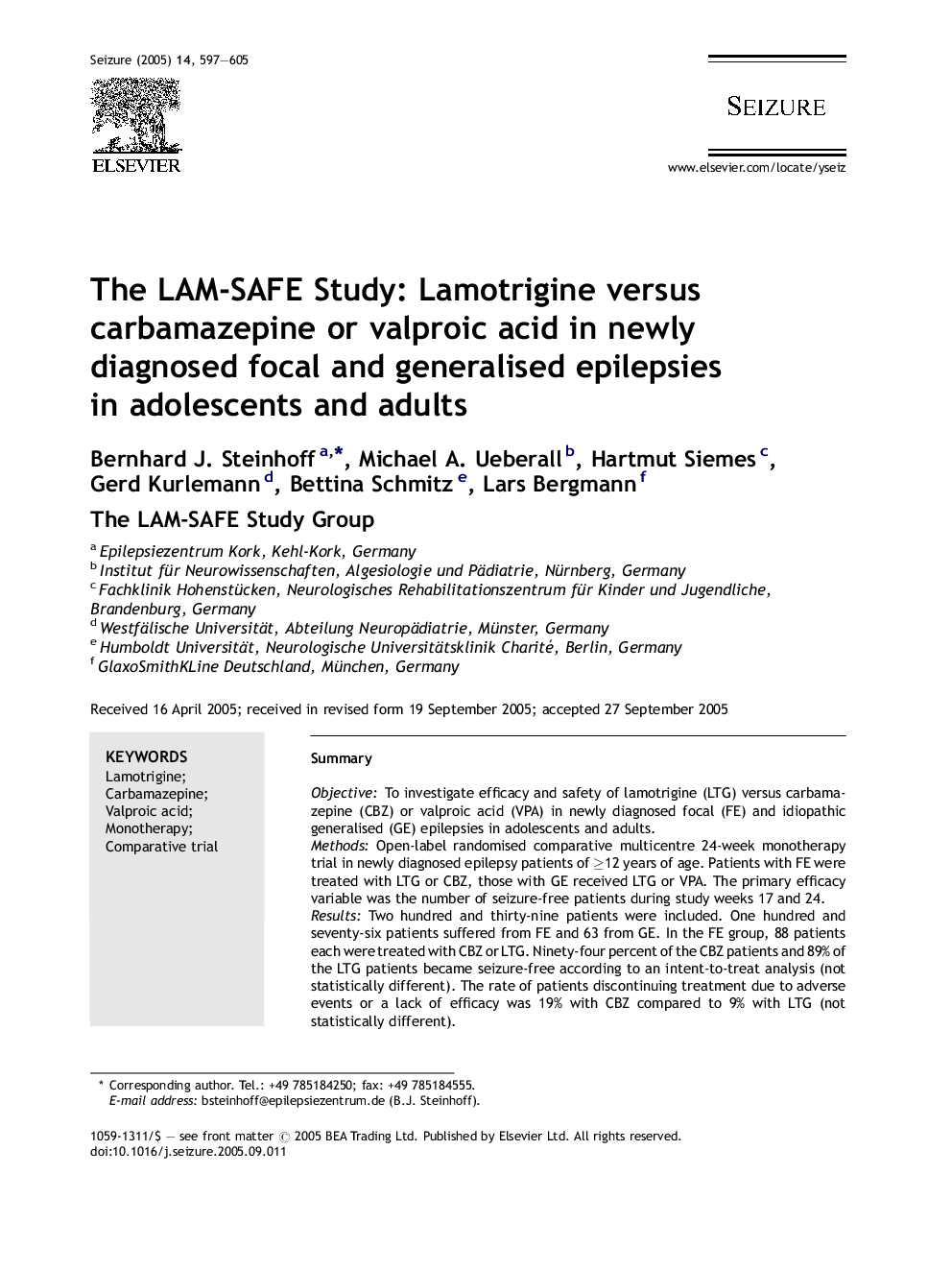 The LAM-SAFE Study: Lamotrigine versus carbamazepine or valproic acid in newly diagnosed focal and generalised epilepsies in adolescents and adults