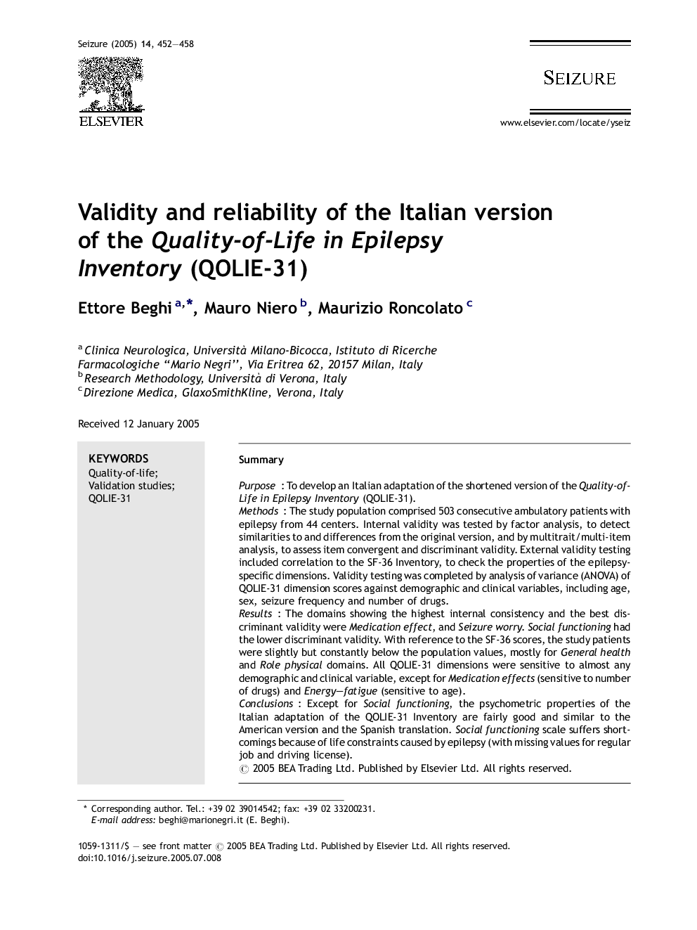 Validity and reliability of the Italian version of the Quality-of-Life in Epilepsy Inventory (QOLIE-31)