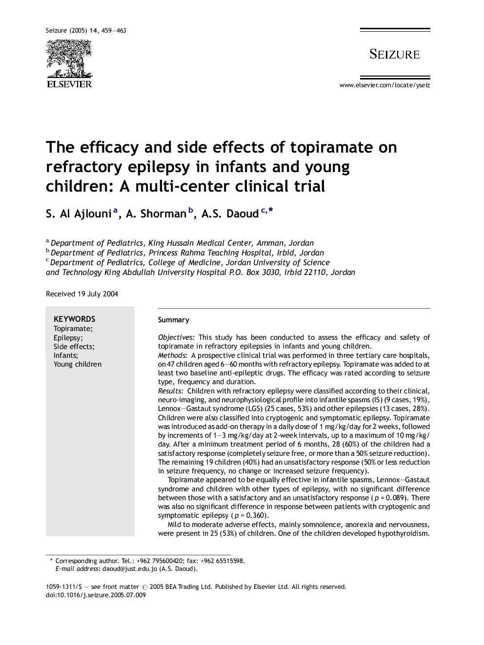 The efficacy and side effects of topiramate on refractory epilepsy in infants and young children: A multi-center clinical trial