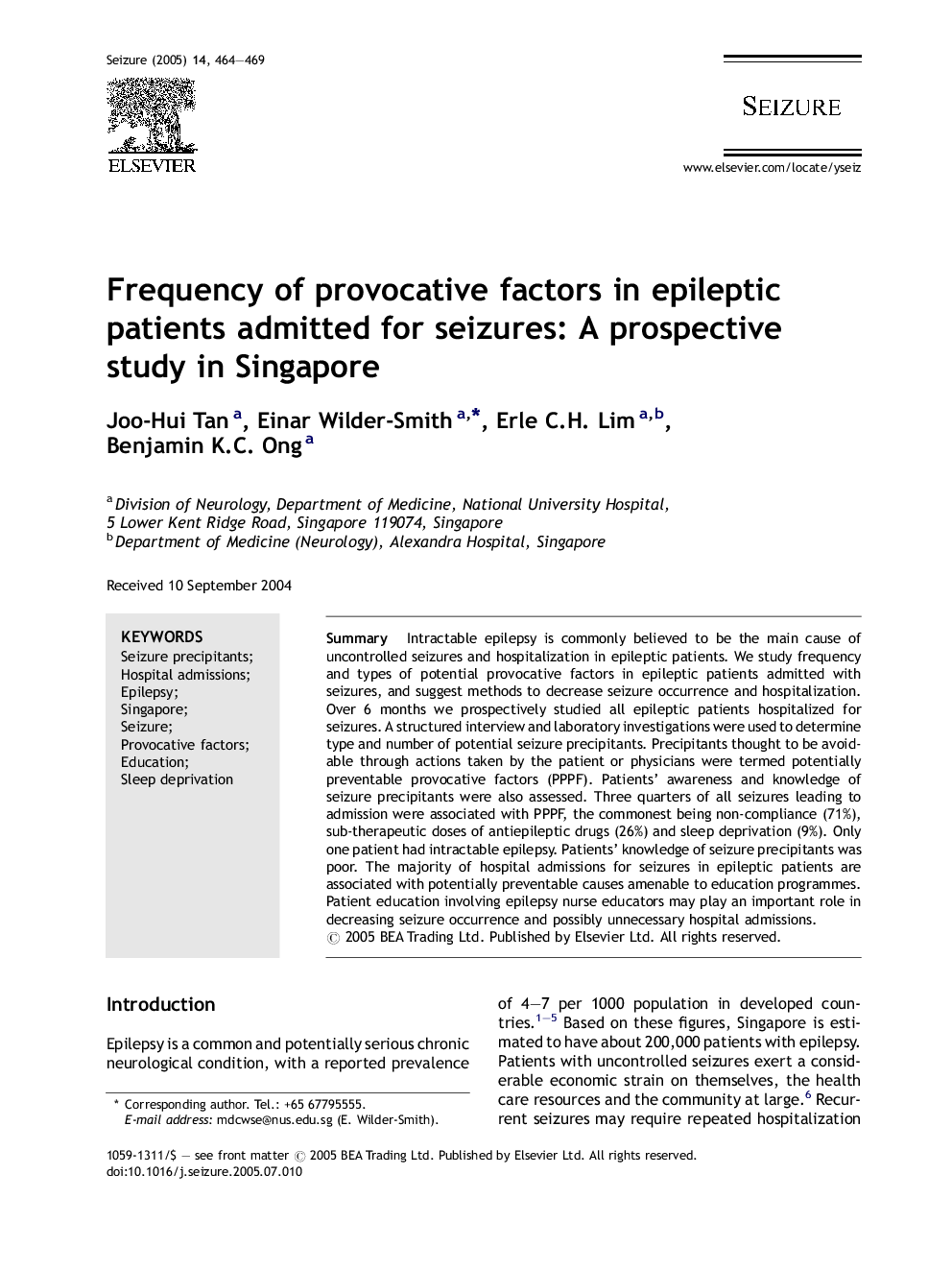 Frequency of provocative factors in epileptic patients admitted for seizures: A prospective study in Singapore