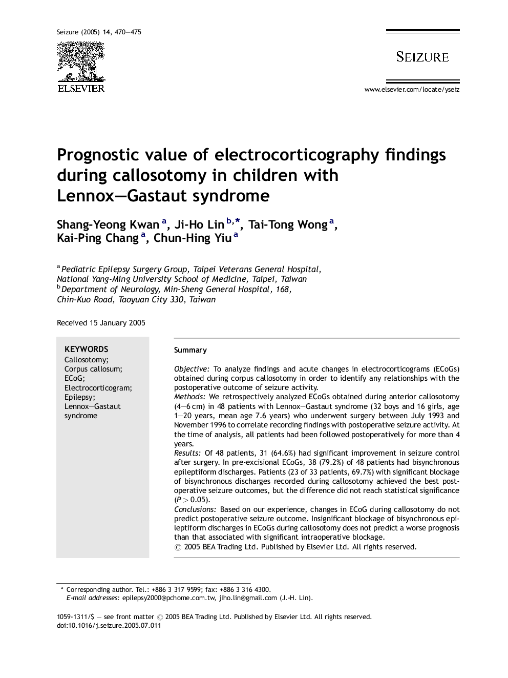 Prognostic value of electrocorticography findings during callosotomy in children with Lennox-Gastaut syndrome