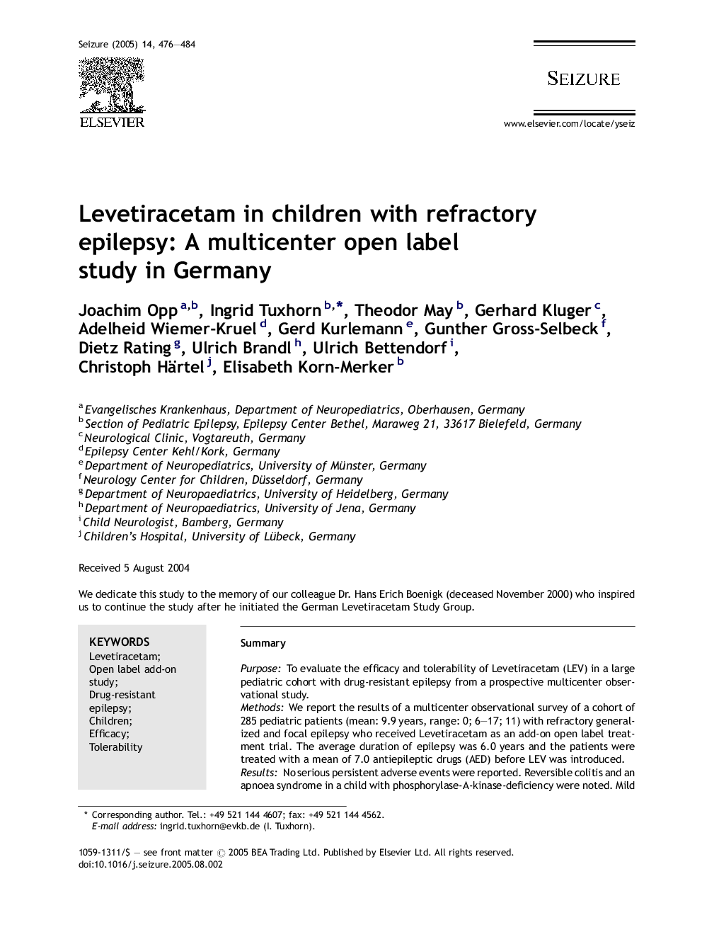 Levetiracetam in children with refractory epilepsy: A multicenter open label study in Germany